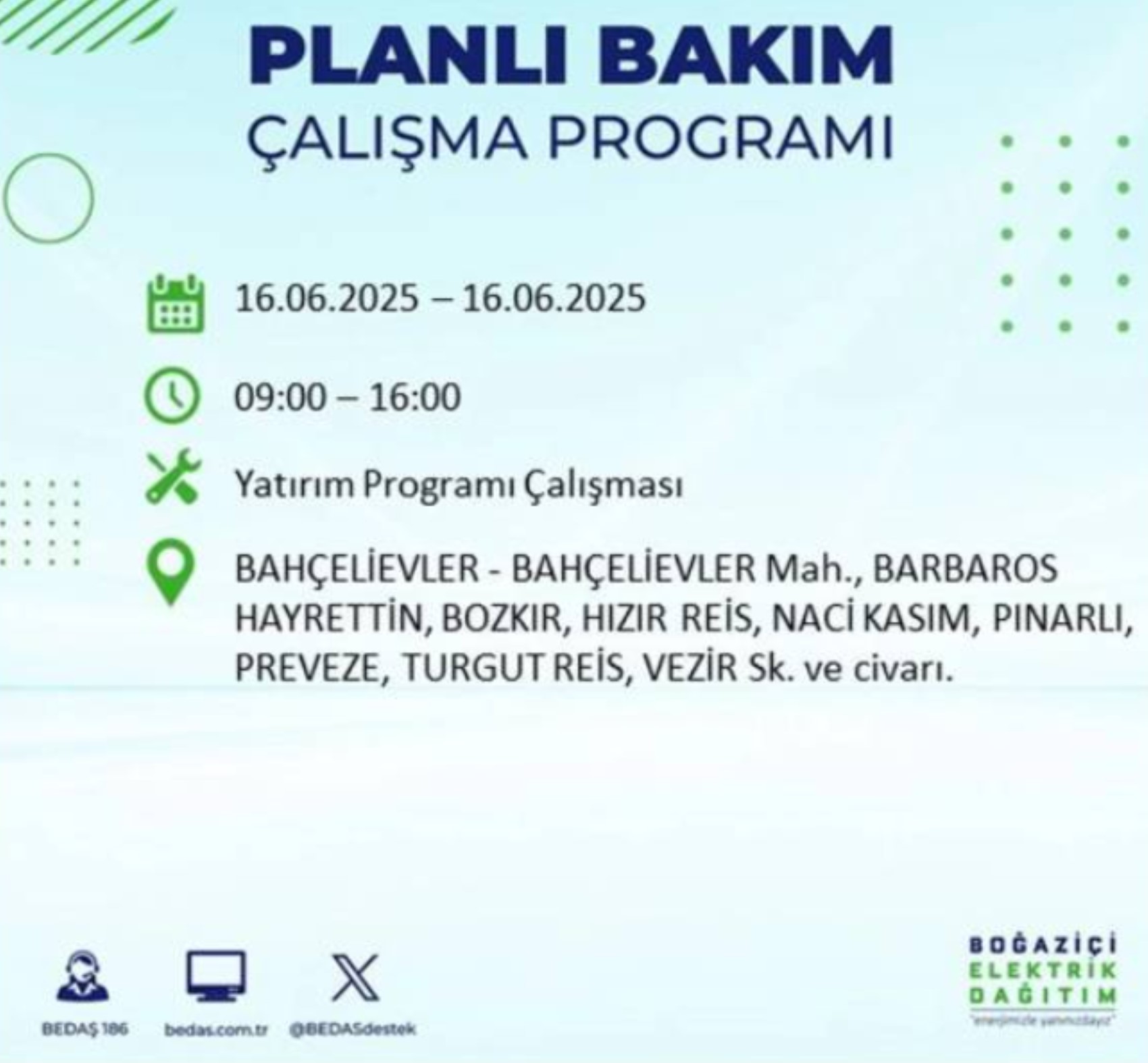 BEDAŞ paylaştı: İstanbul'da 16 Haziran Pazartesi günü elektrik kesintisi yaşanacak ilçeler