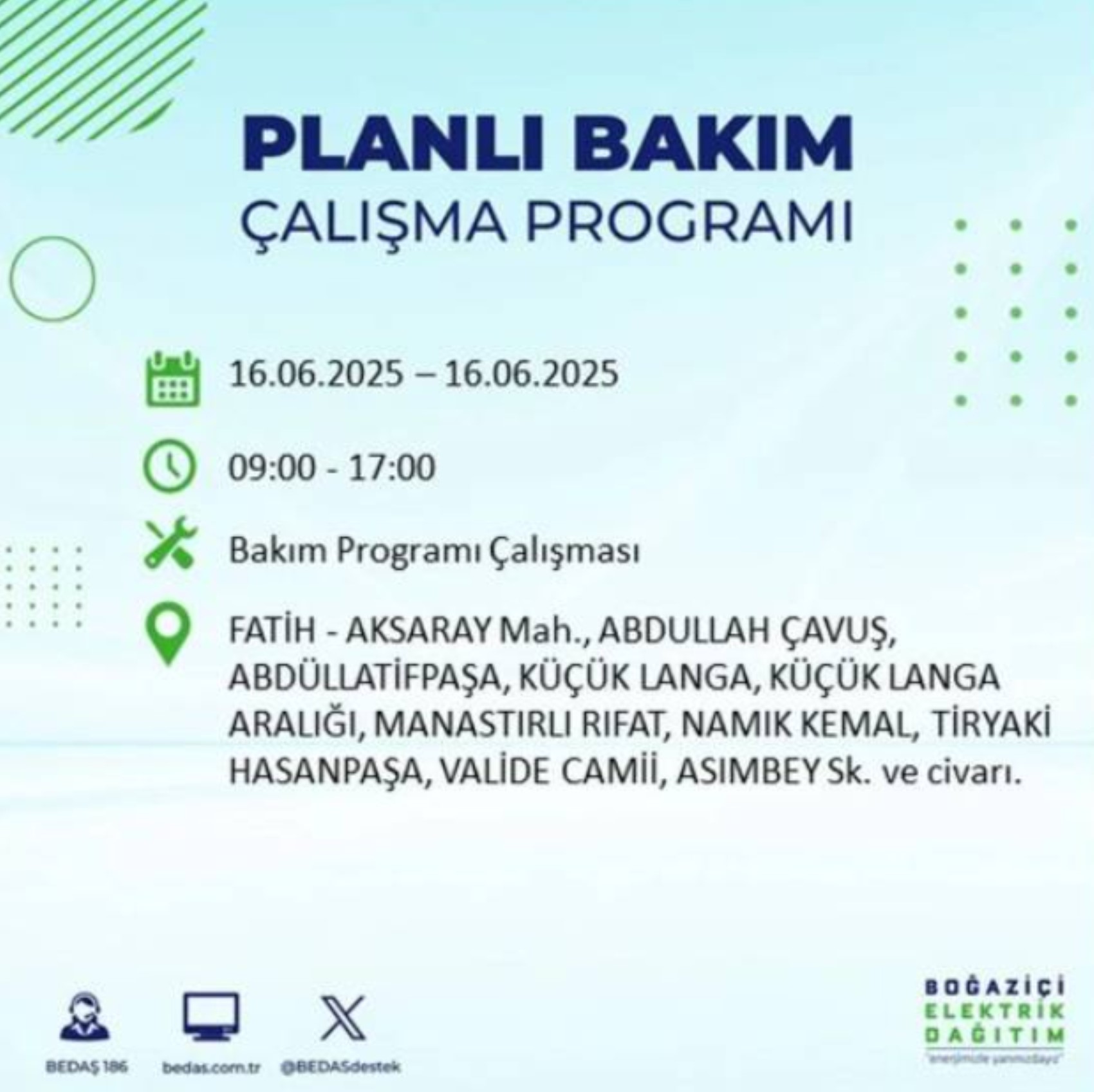 BEDAŞ paylaştı: İstanbul'da 16 Haziran Pazartesi günü elektrik kesintisi yaşanacak ilçeler