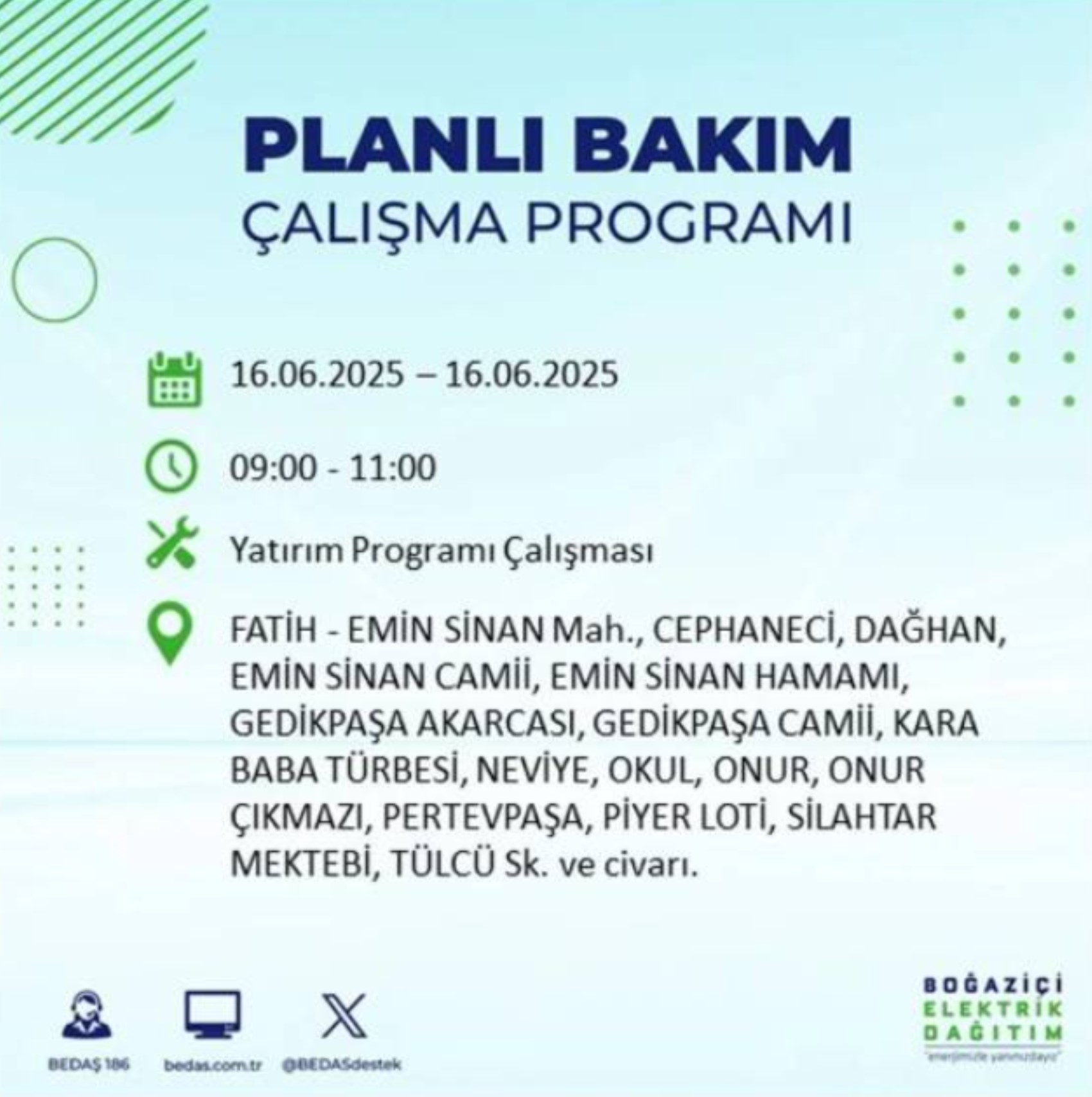 BEDAŞ paylaştı: İstanbul'da 16 Haziran Pazartesi günü elektrik kesintisi yaşanacak ilçeler