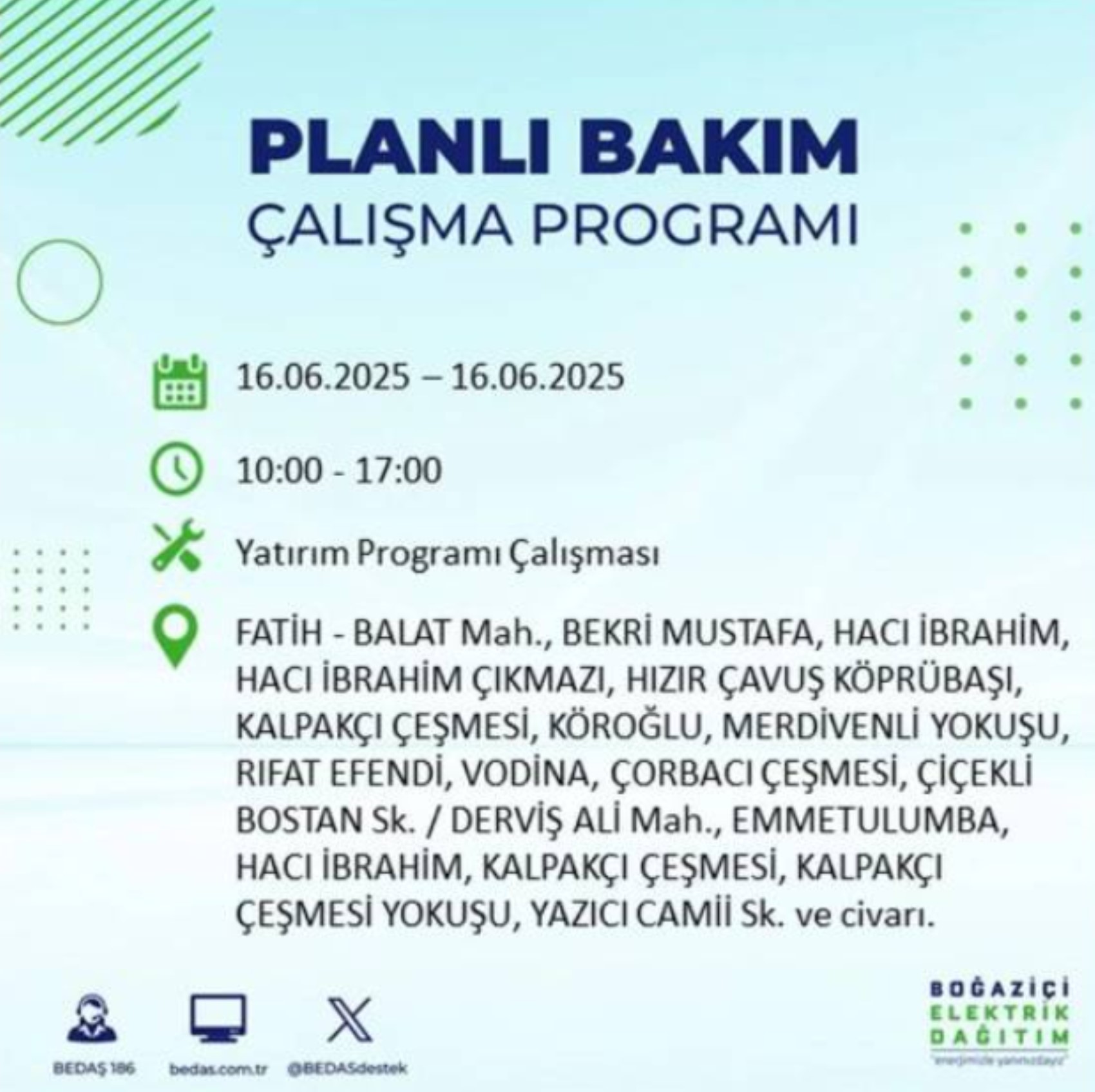 BEDAŞ paylaştı: İstanbul'da 16 Haziran Pazartesi günü elektrik kesintisi yaşanacak ilçeler