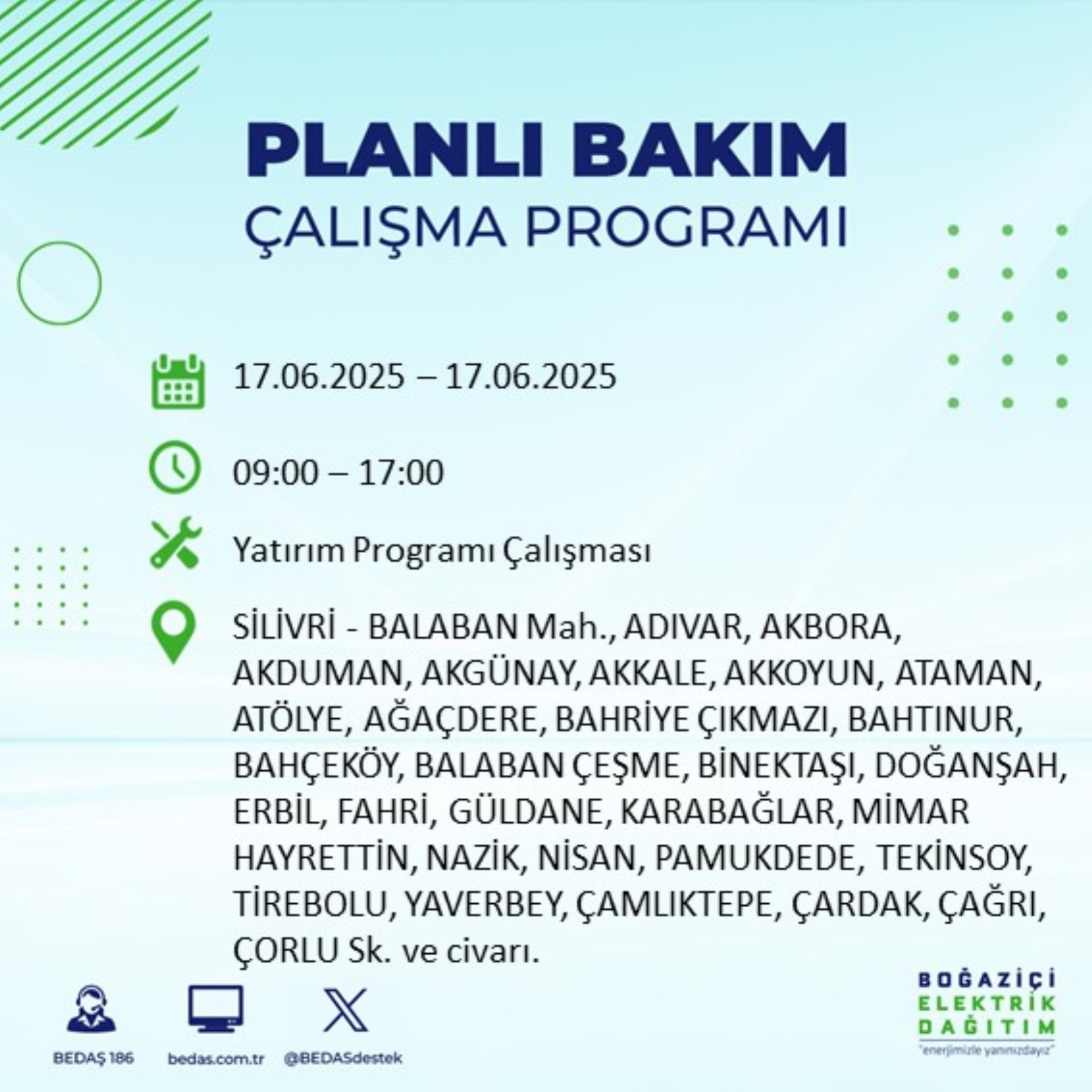 BEDAŞ paylaştı: İstanbul'da 17 Haziran Salı günü elektrik kesintisi yaşanacak ilçeler