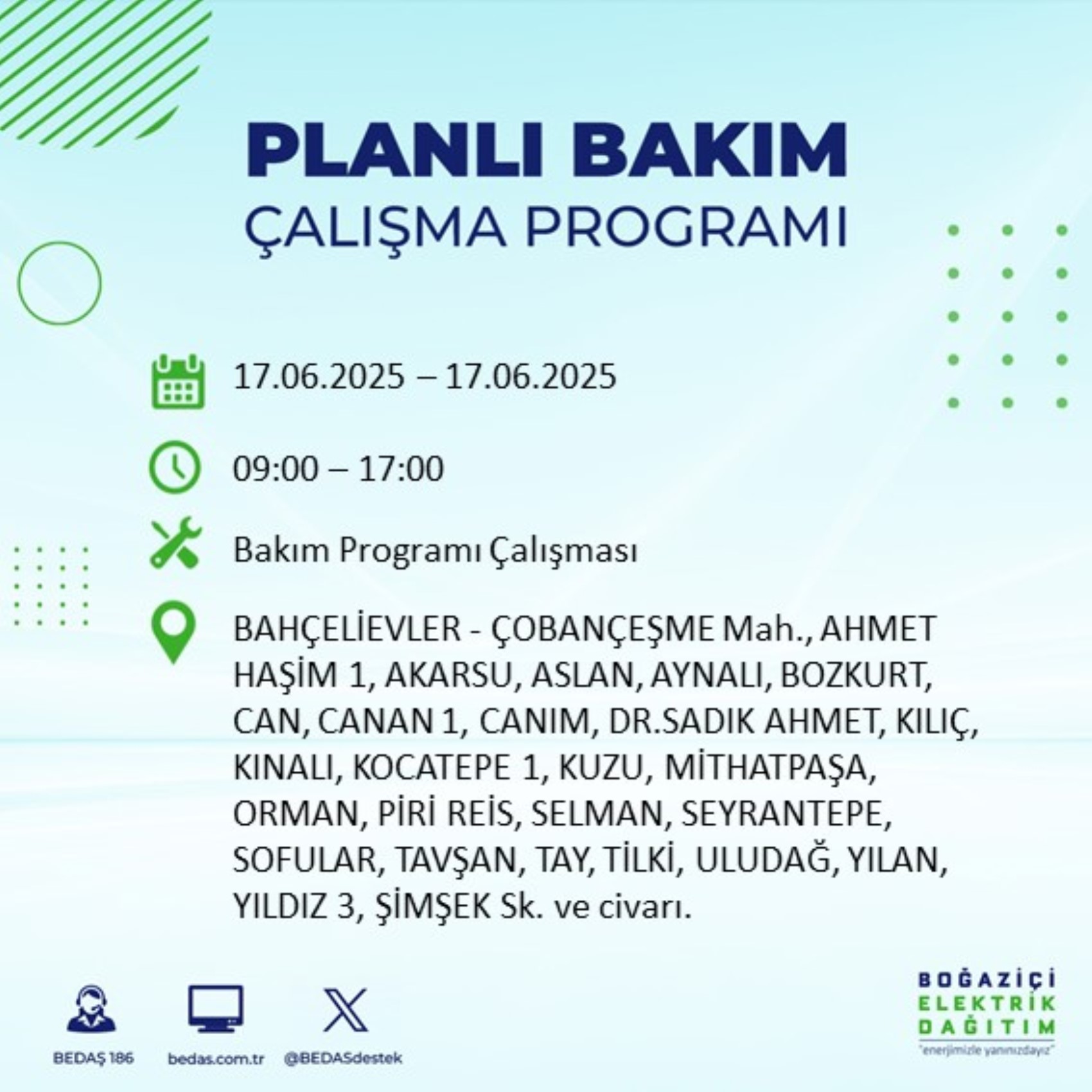 BEDAŞ paylaştı: İstanbul'da 17 Haziran Salı günü elektrik kesintisi yaşanacak ilçeler