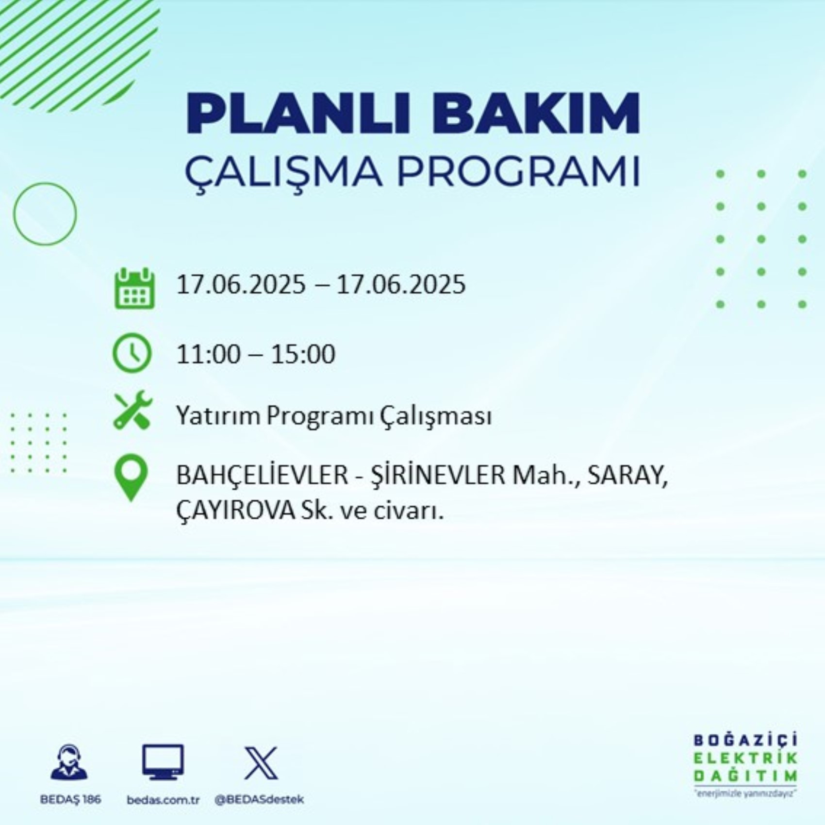 BEDAŞ paylaştı: İstanbul'da 17 Haziran Salı günü elektrik kesintisi yaşanacak ilçeler