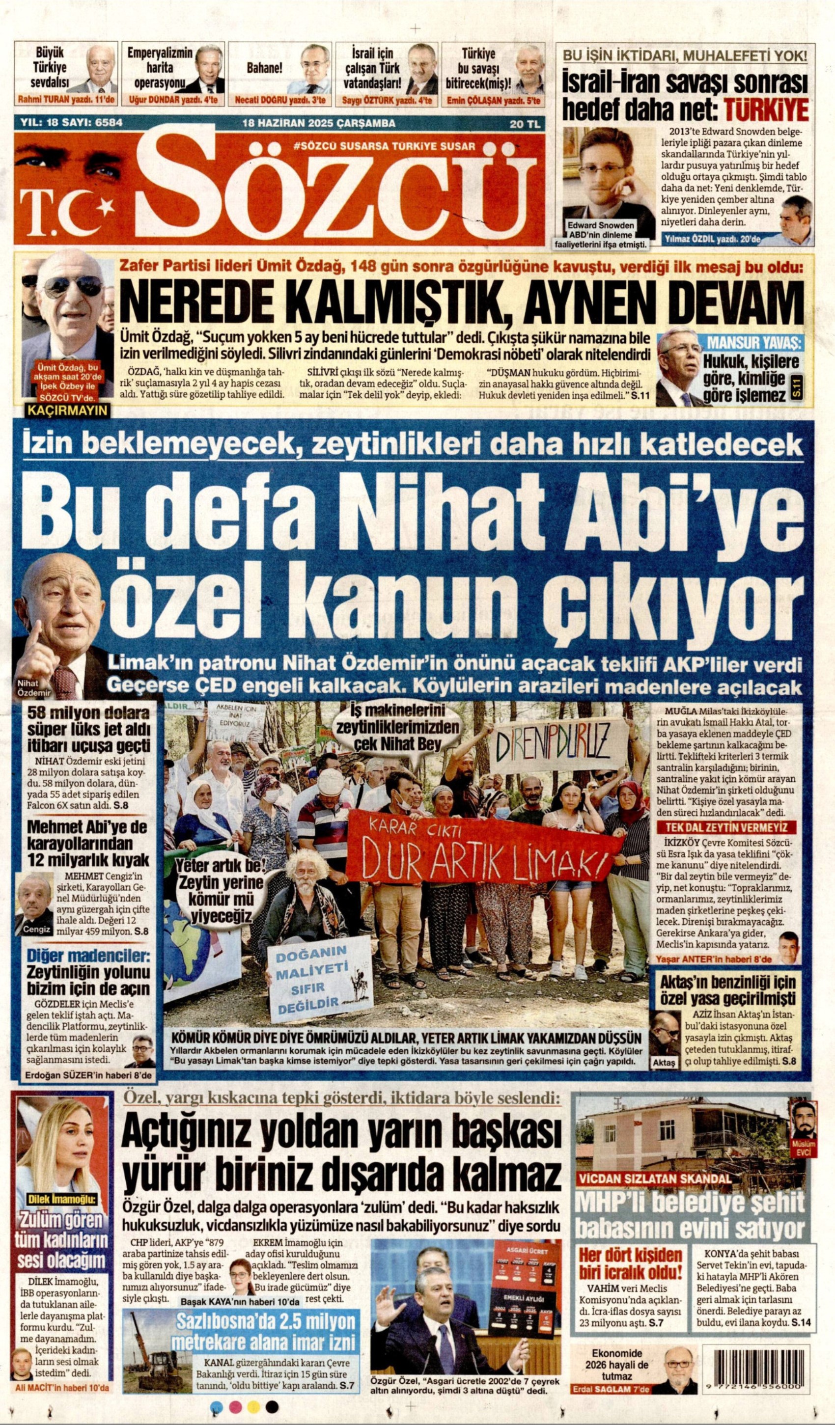 18 Haziran 2025 gazete manşetleri: Gazeteler, Ümit Özdağ'ın tahliyesini nasıl gördü?