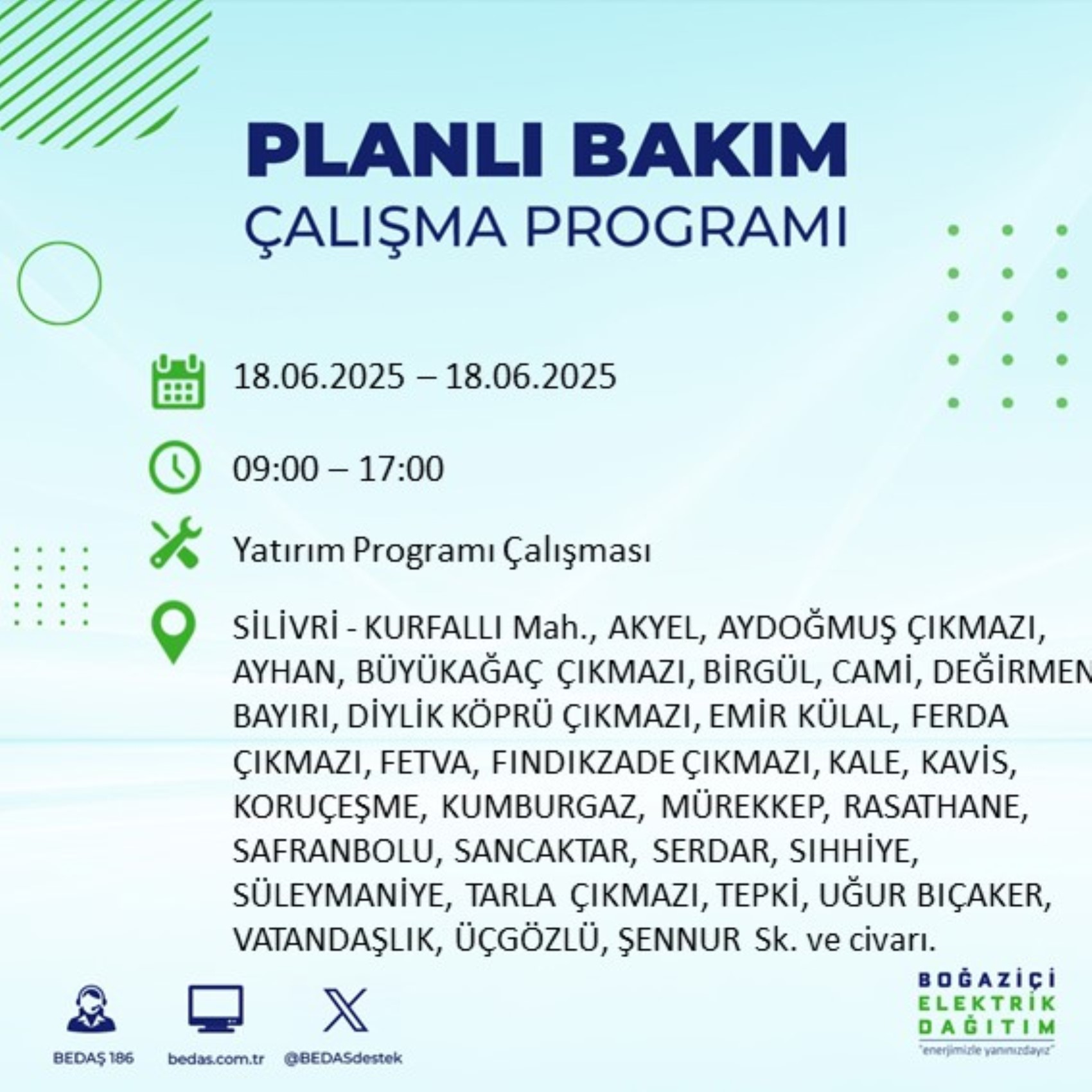 BEDAŞ paylaştı: İstanbul'da 18 Haziran Çarşamba günü elektrik kesintisi yaşanacak ilçeler