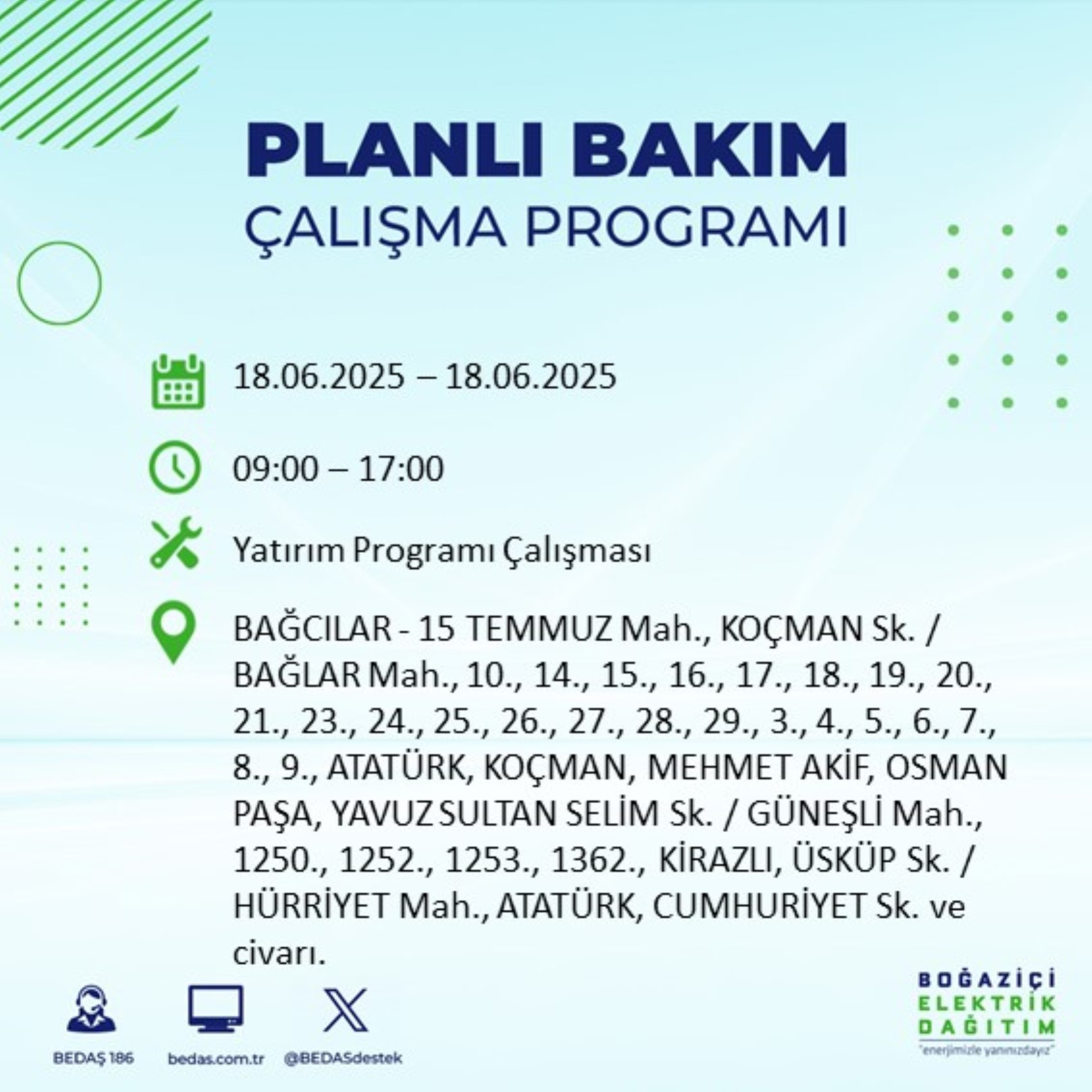 BEDAŞ paylaştı: İstanbul'da 18 Haziran Çarşamba günü elektrik kesintisi yaşanacak ilçeler