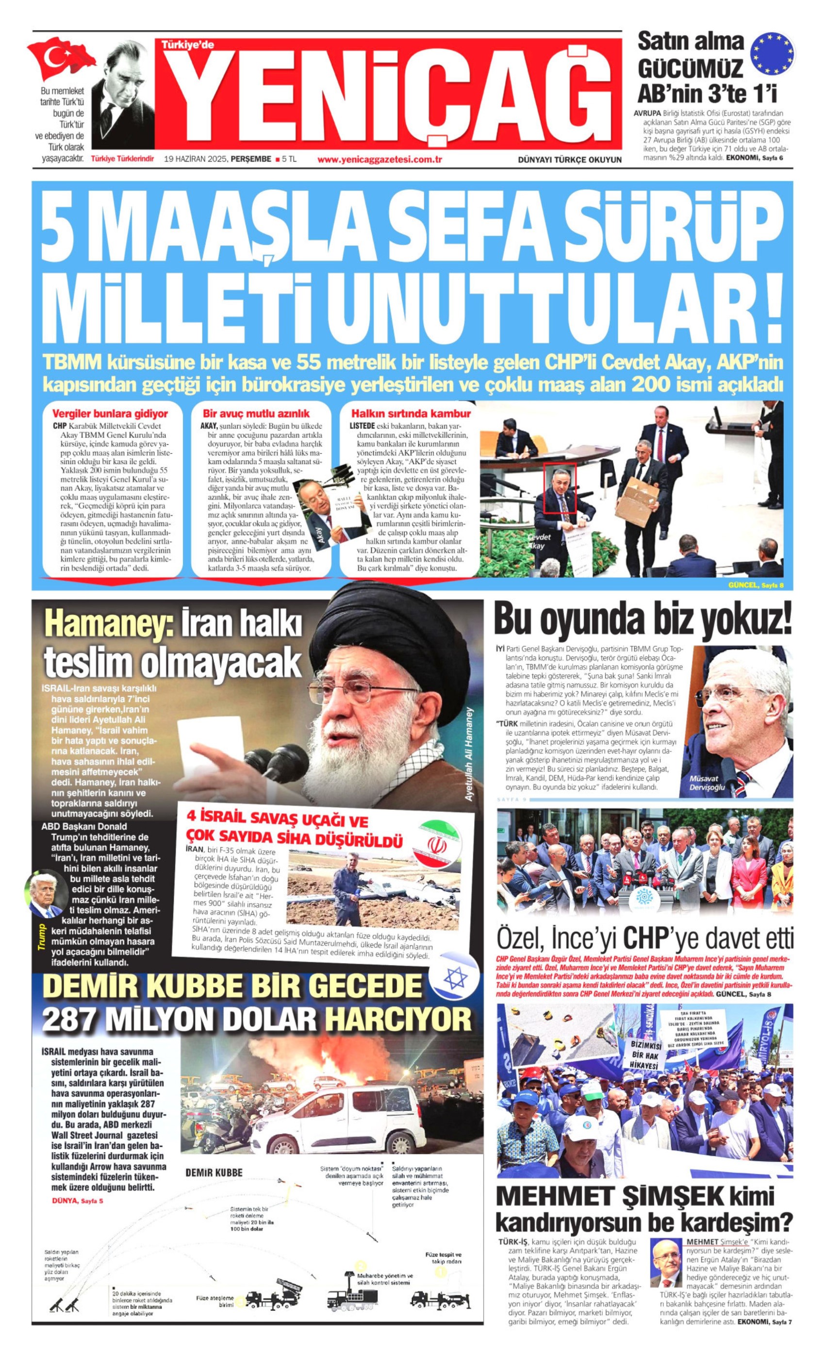19 Haziran 2025 gazete manşetleri