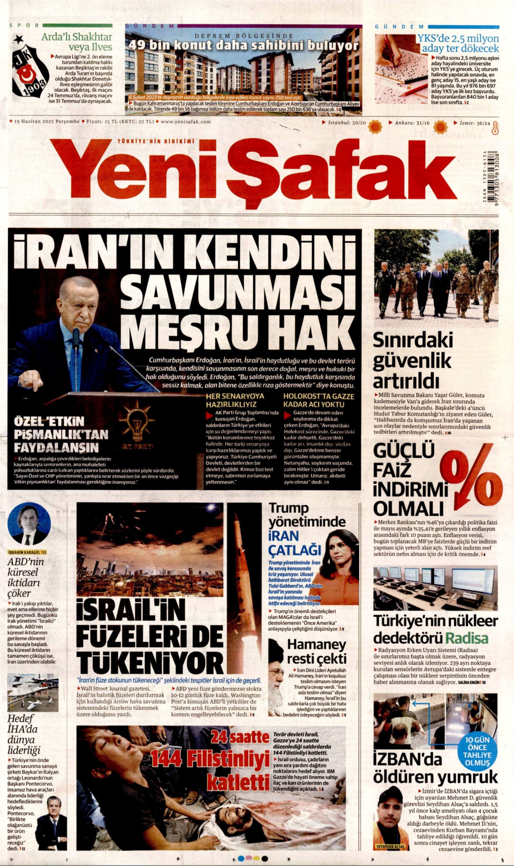 19 Haziran 2025 gazete manşetleri