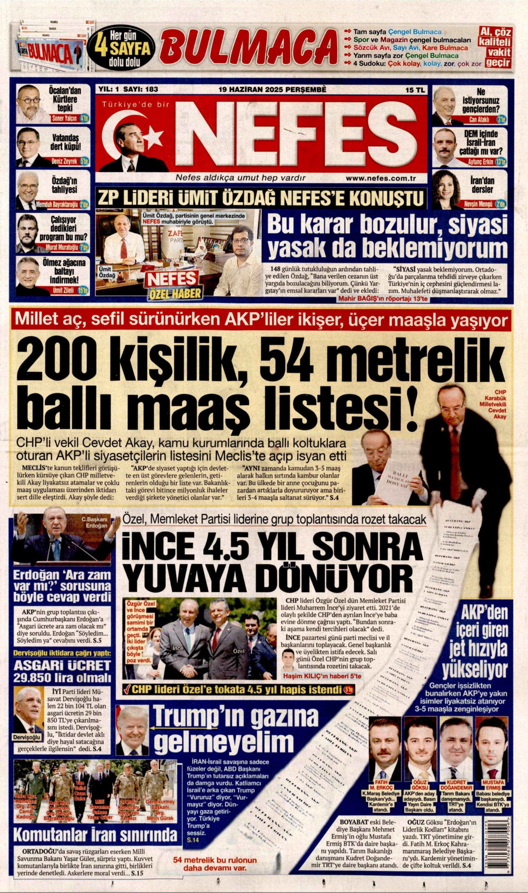 19 Haziran 2025 gazete manşetleri