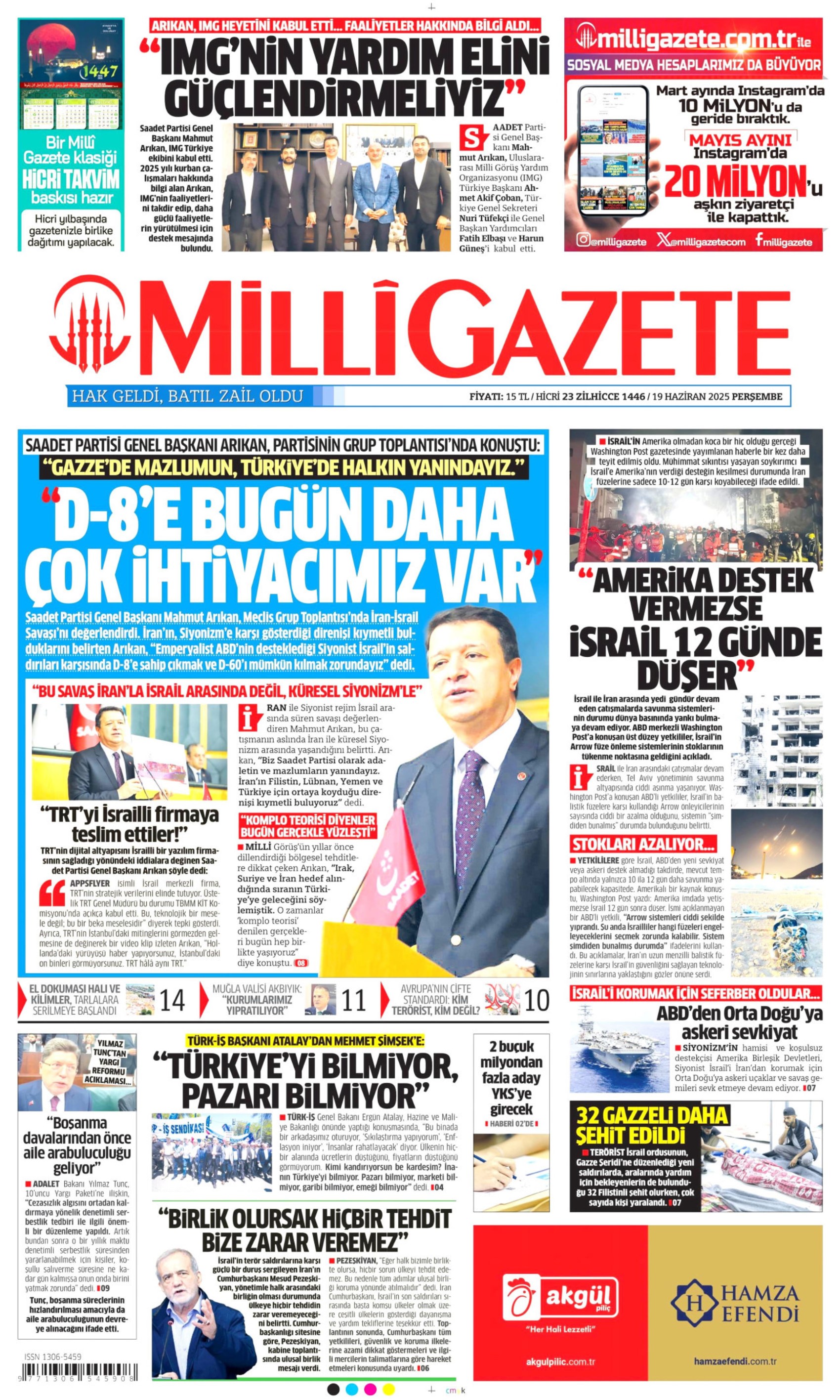 19 Haziran 2025 gazete manşetleri