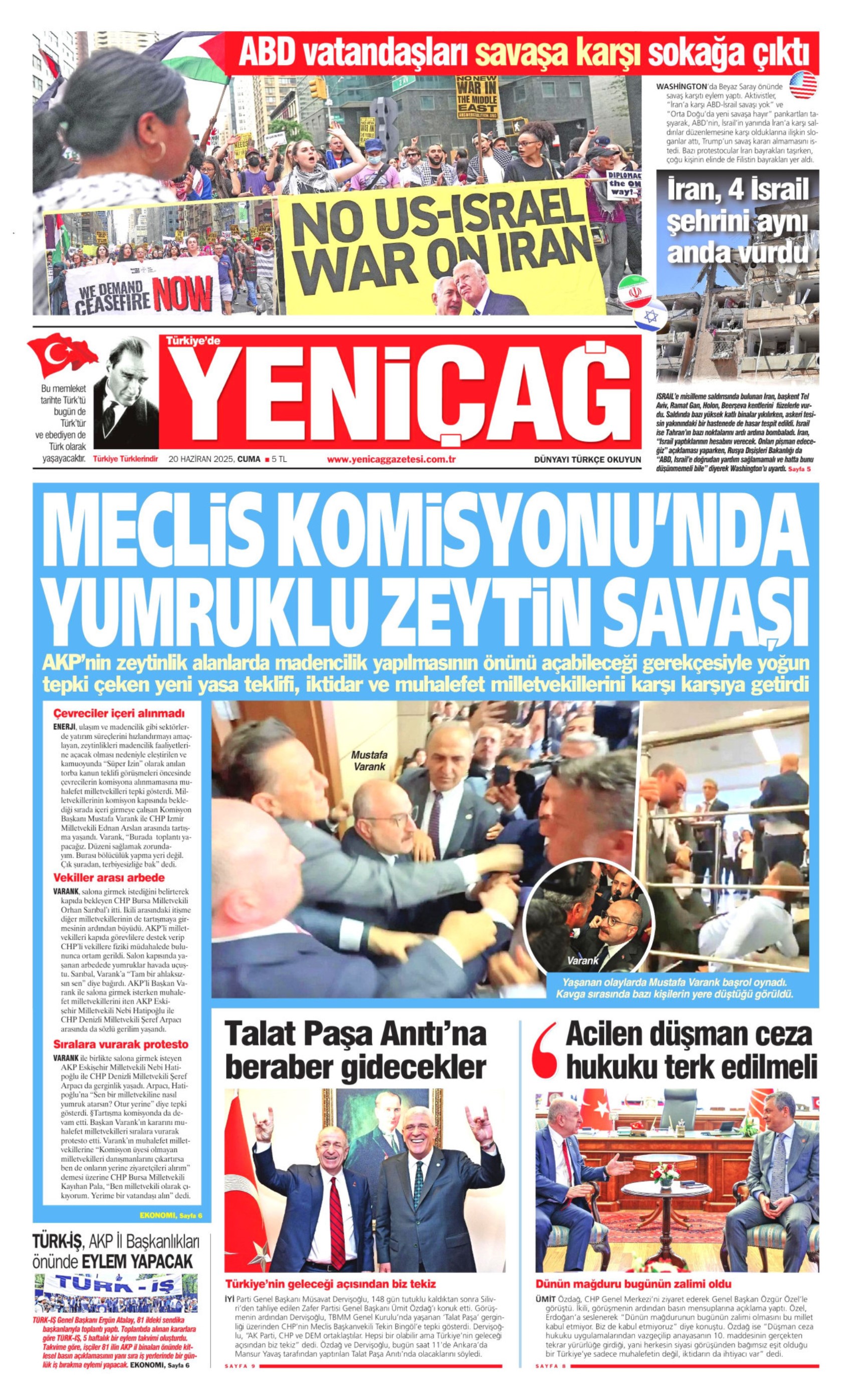 20 Haziran 2025 gazete manşetleri: Meclis'te zeytin kavgası