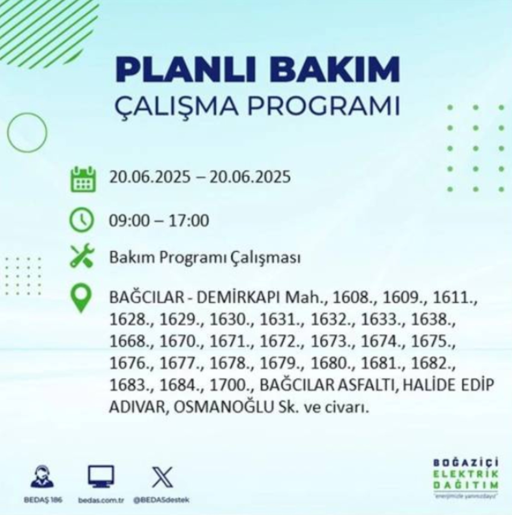 BEDAŞ paylaştı: İstanbul'da 20 Haziran Cuma günü elektrik kesintisi yaşanacak ilçeler