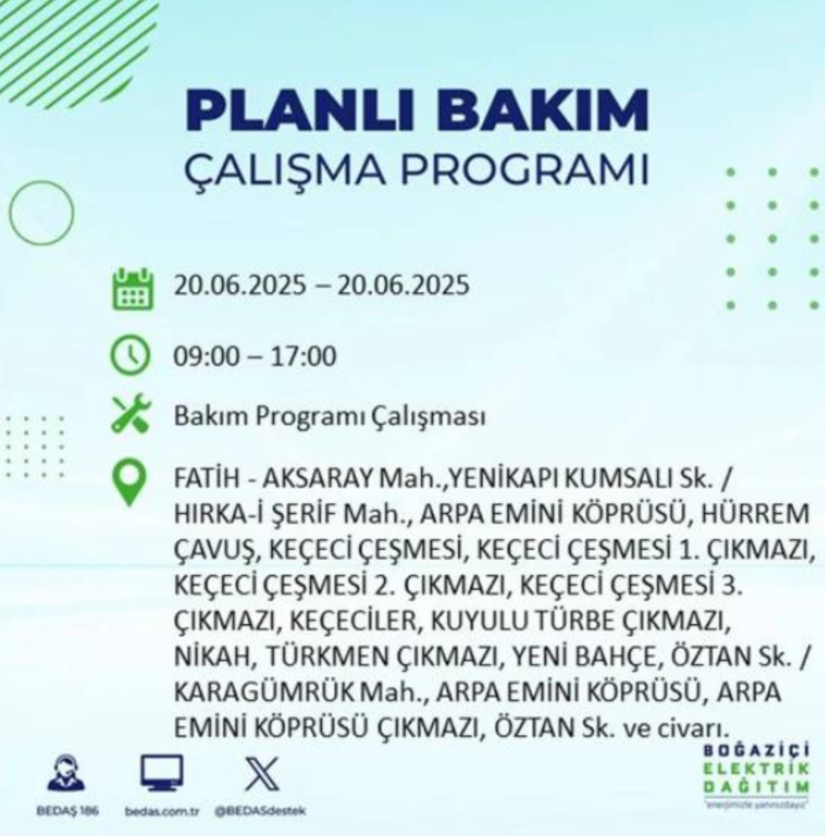 BEDAŞ paylaştı: İstanbul'da 20 Haziran Cuma günü elektrik kesintisi yaşanacak ilçeler