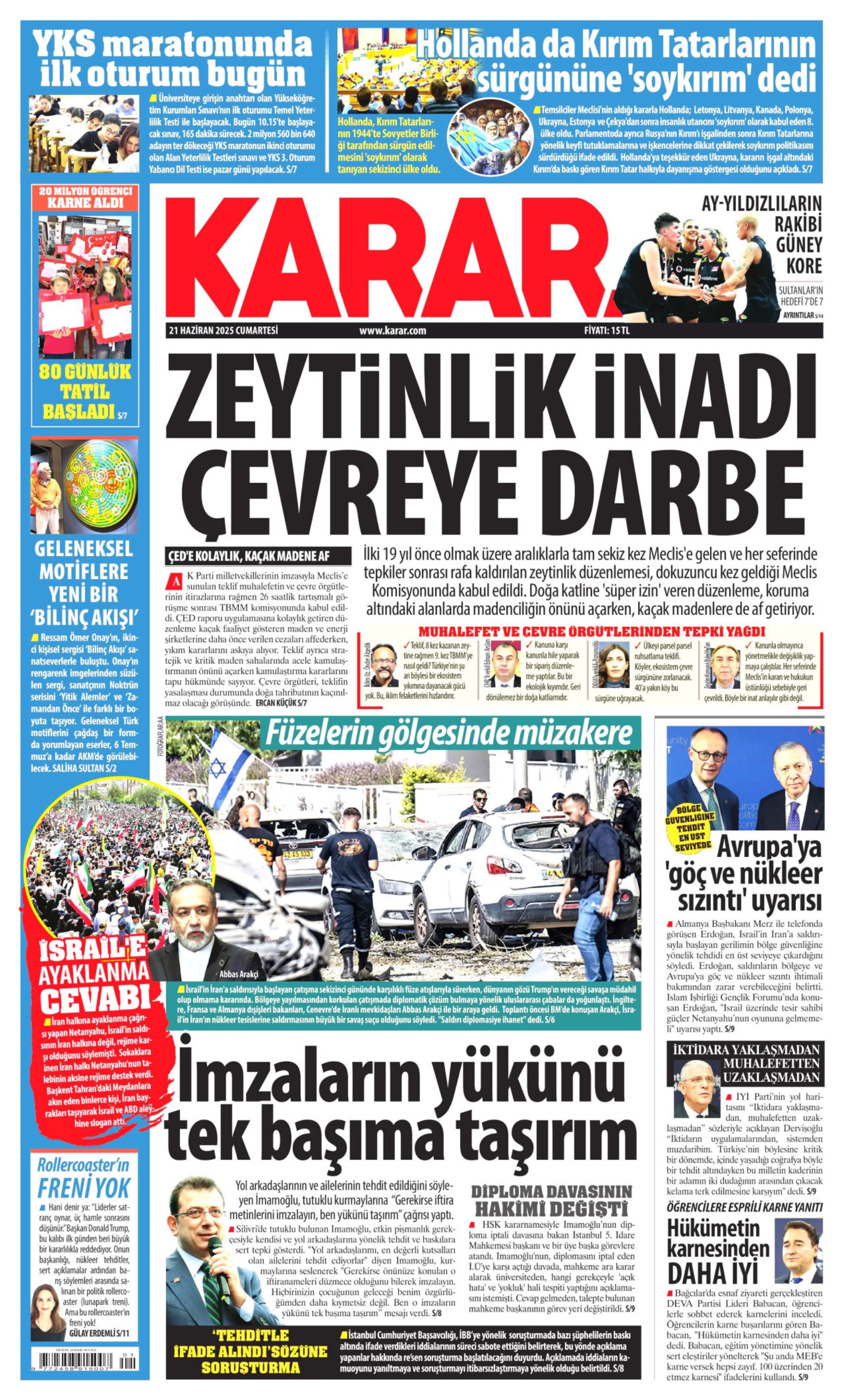 21 Haziran 2025 gazete manşetleri