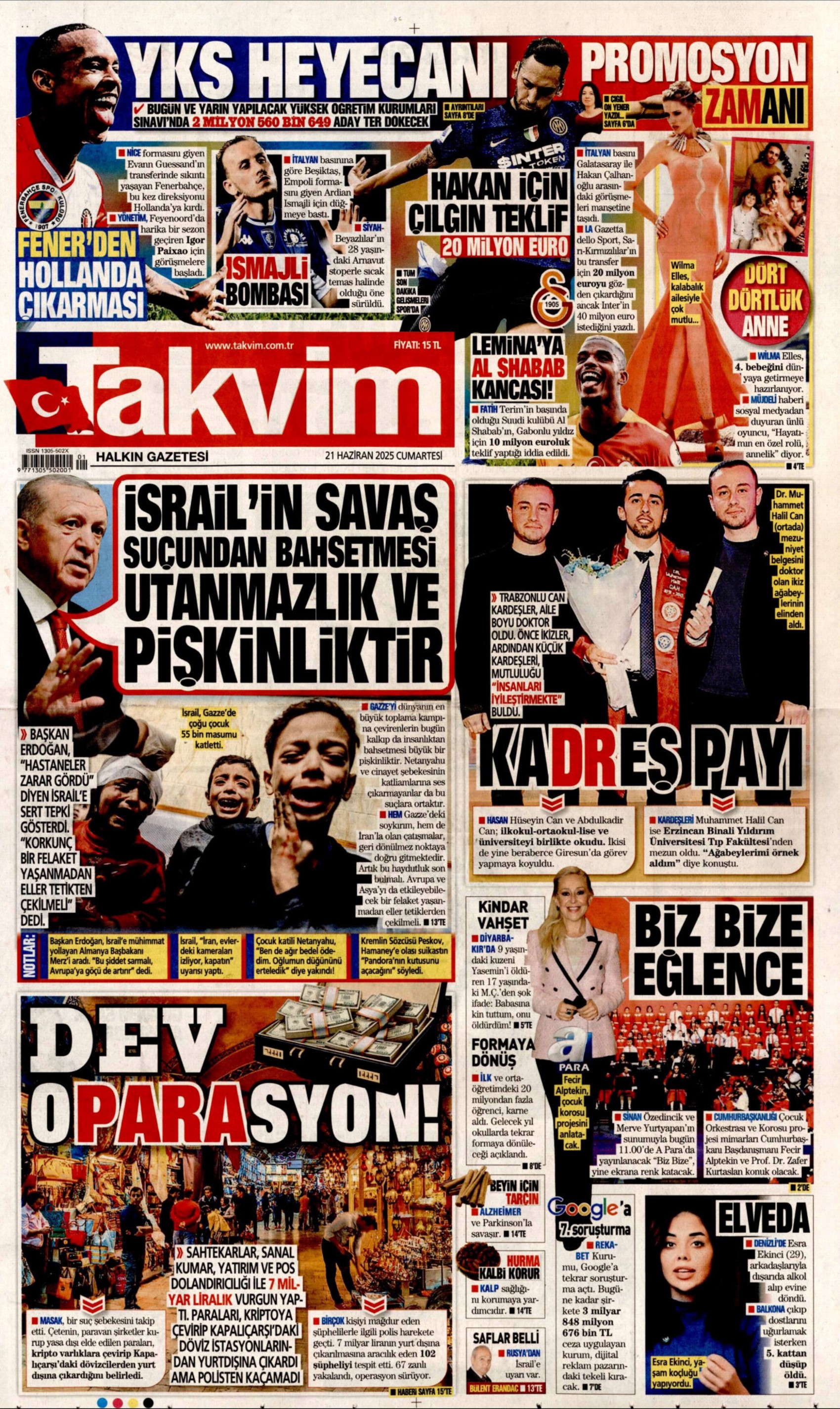 21 Haziran 2025 gazete manşetleri