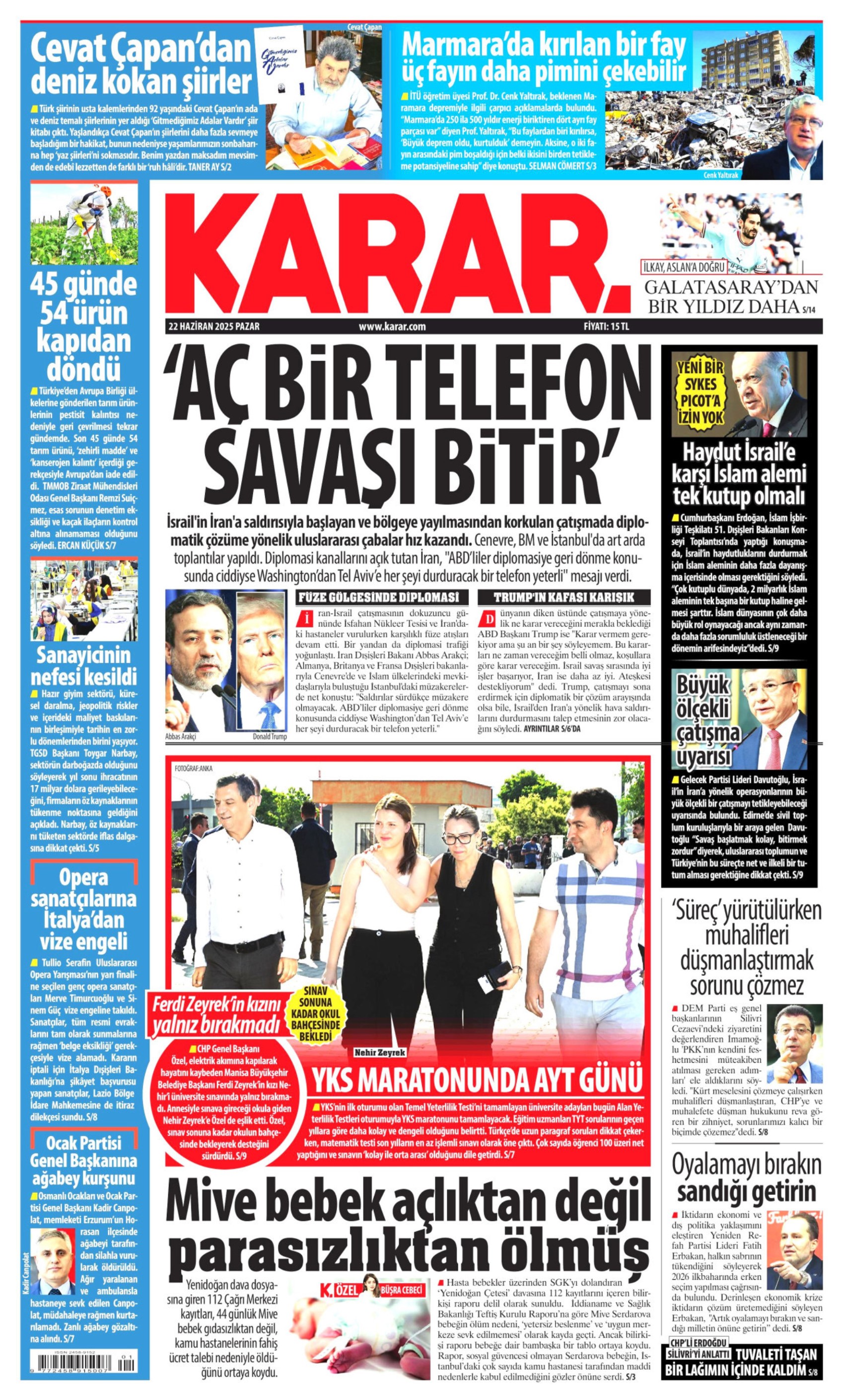 22 Haziran 2025 gazete manşetleri
