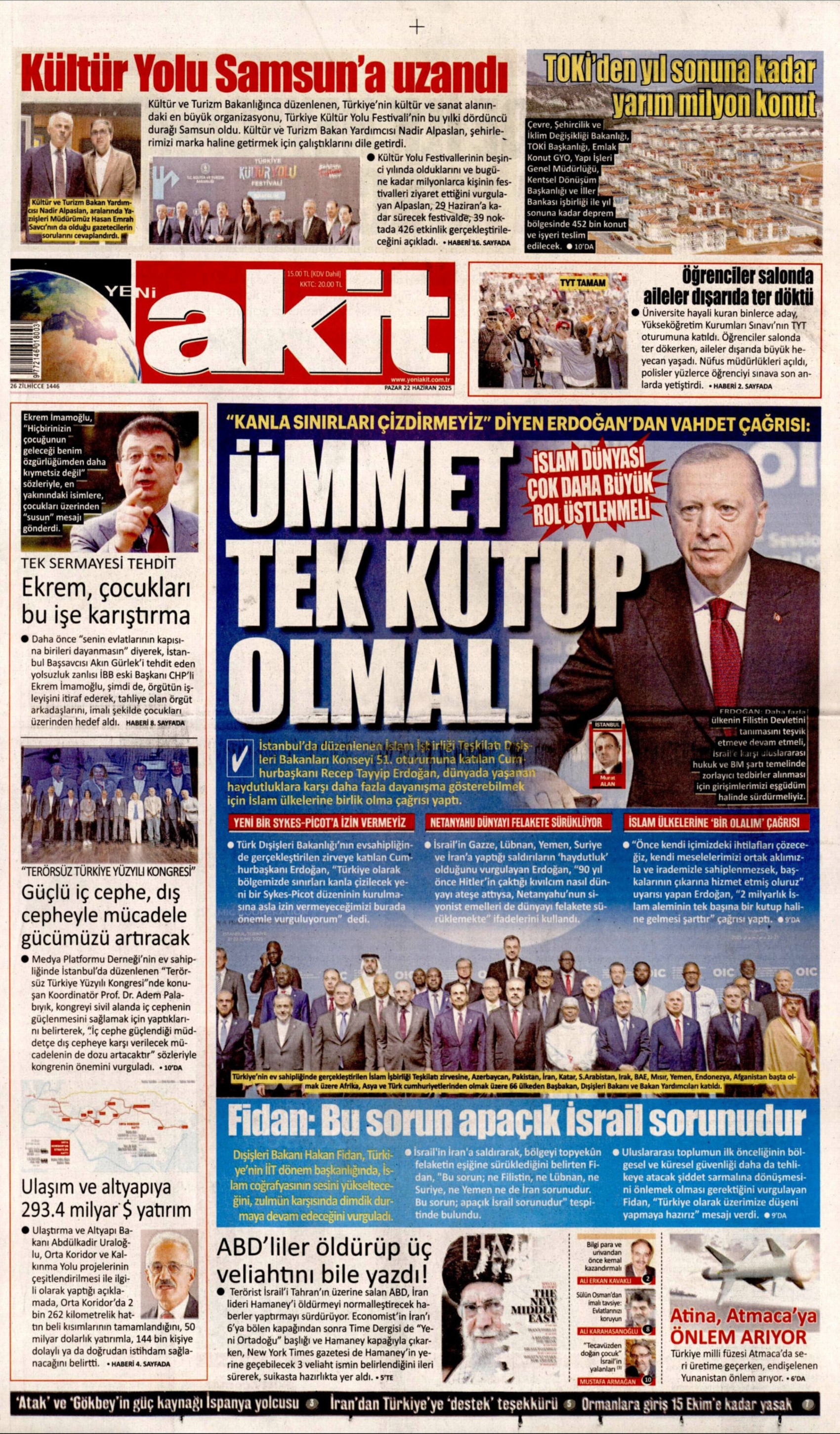 22 Haziran 2025 gazete manşetleri