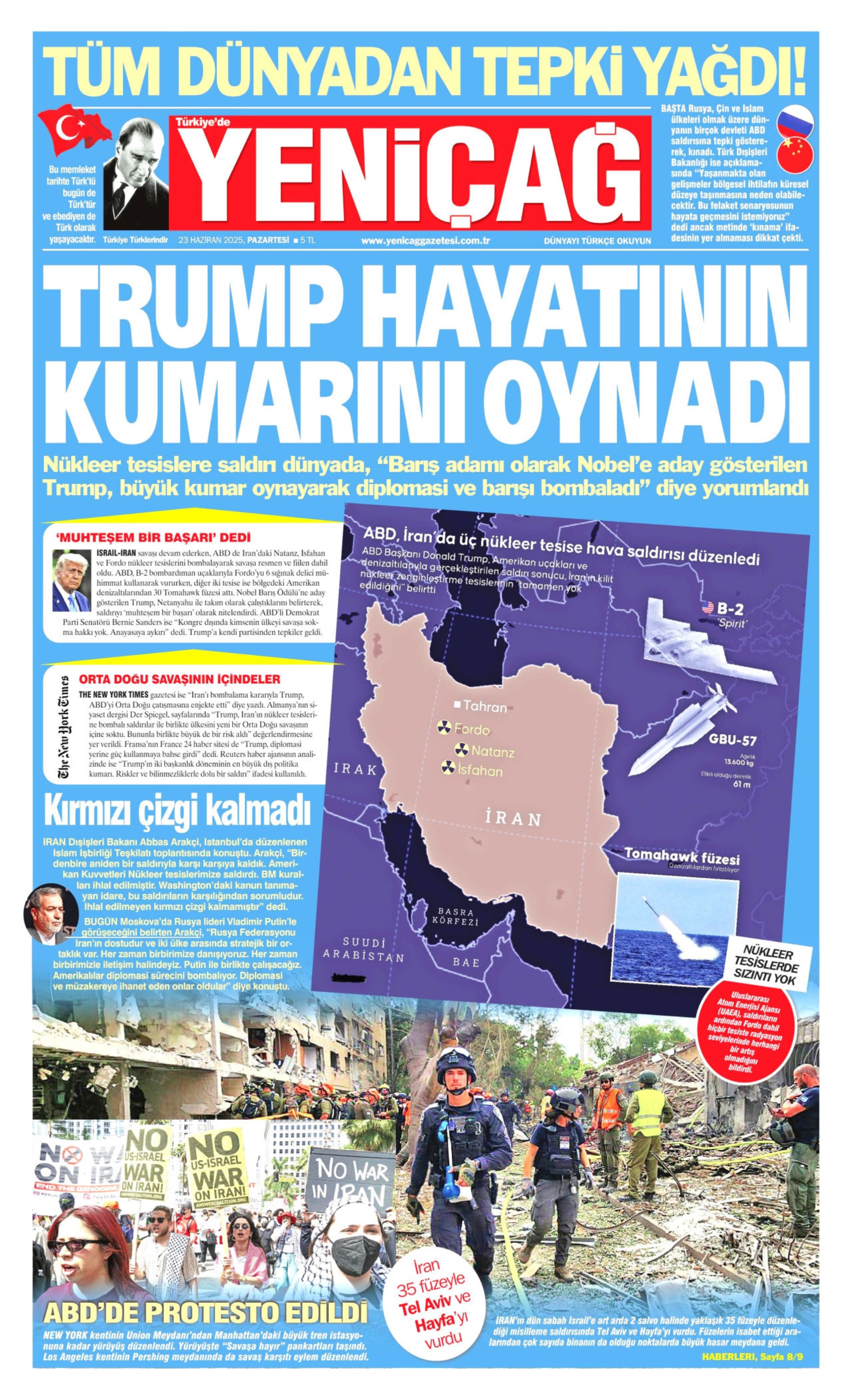 23 Haziran 2024 gazete manşetleri: Gazeteler, ABD'nin İsrail - İran savaşına girmesini nasıl gördü?