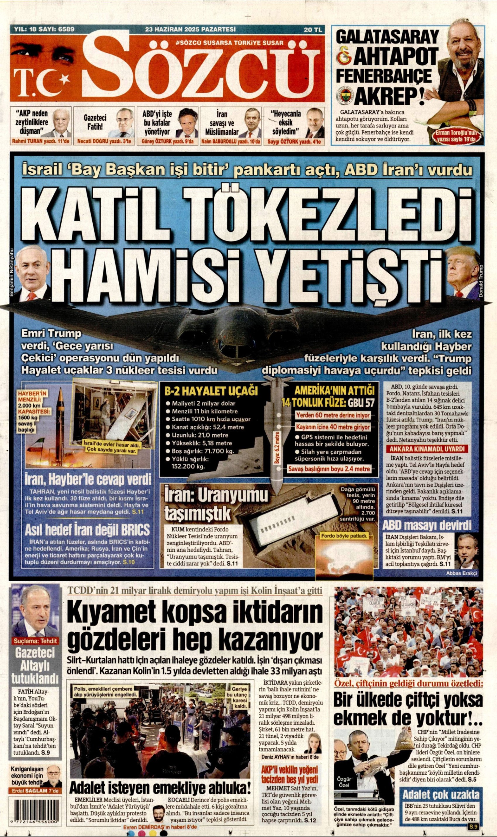 23 Haziran 2024 gazete manşetleri: Gazeteler, ABD'nin İsrail - İran savaşına girmesini nasıl gördü?