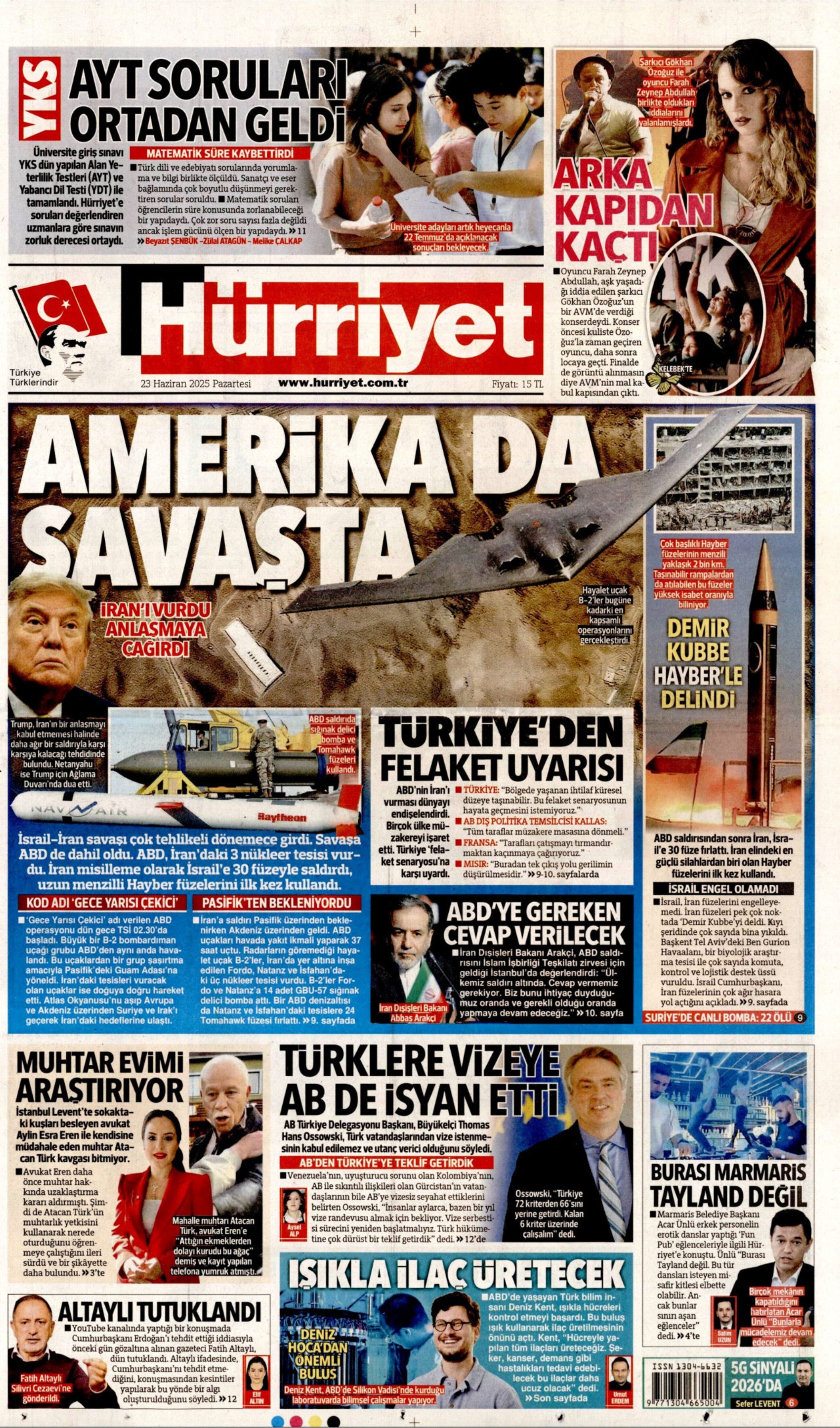 23 Haziran 2024 gazete manşetleri: Gazeteler, ABD'nin İsrail - İran savaşına girmesini nasıl gördü?