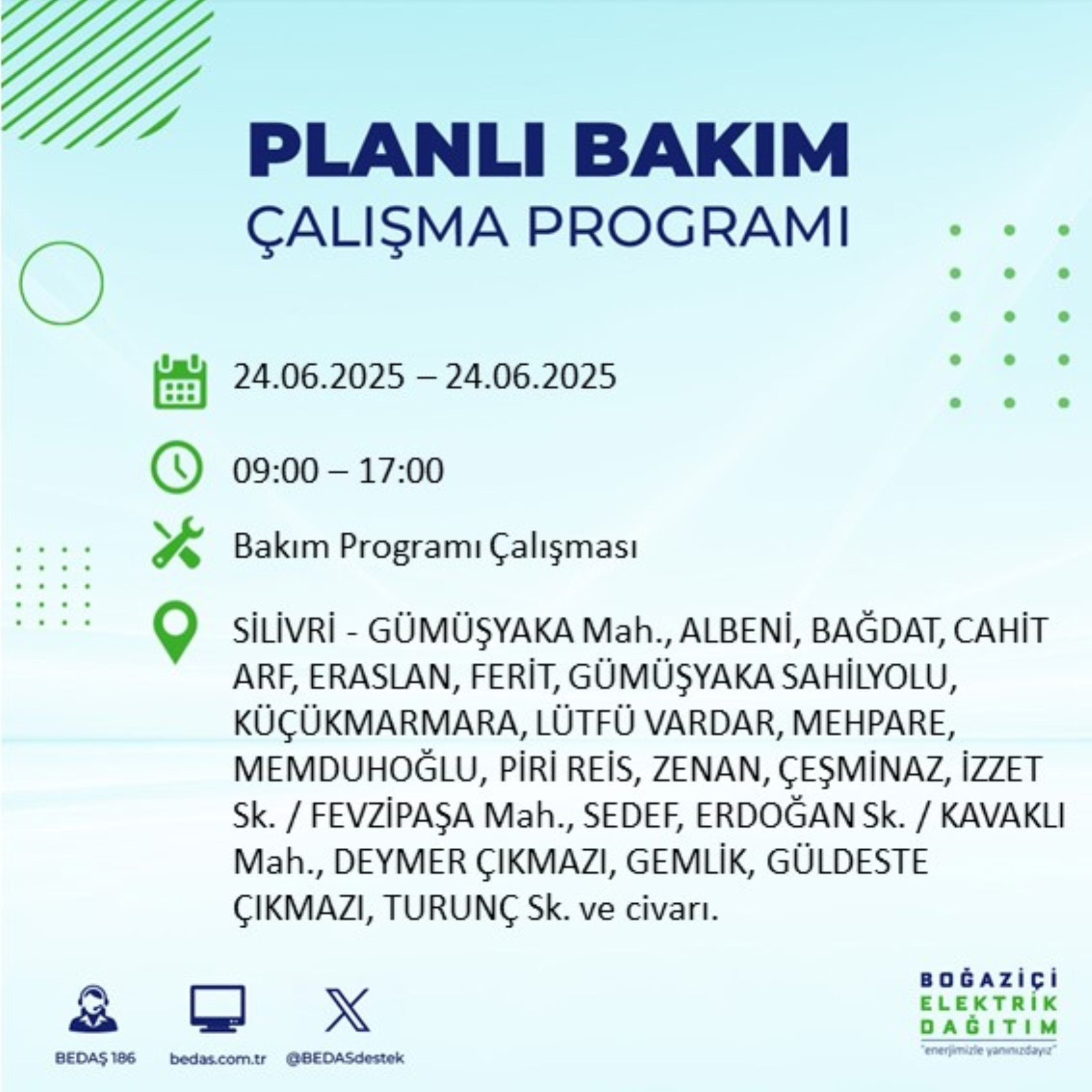 BEDAŞ paylaştı: İstanbul'da 24 Haziran Salı günü elektrik kesintisi yaşanacak ilçeler