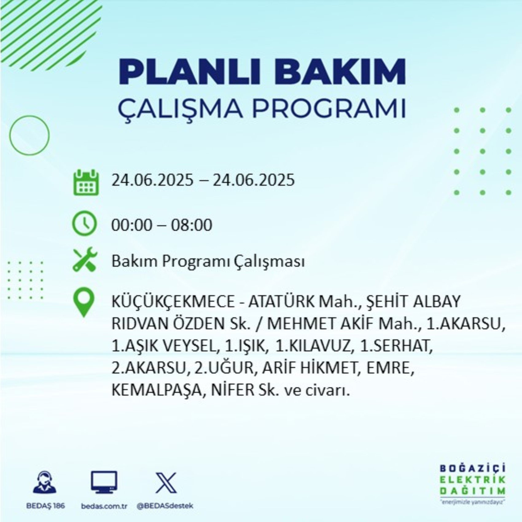 BEDAŞ paylaştı: İstanbul'da 24 Haziran Salı günü elektrik kesintisi yaşanacak ilçeler