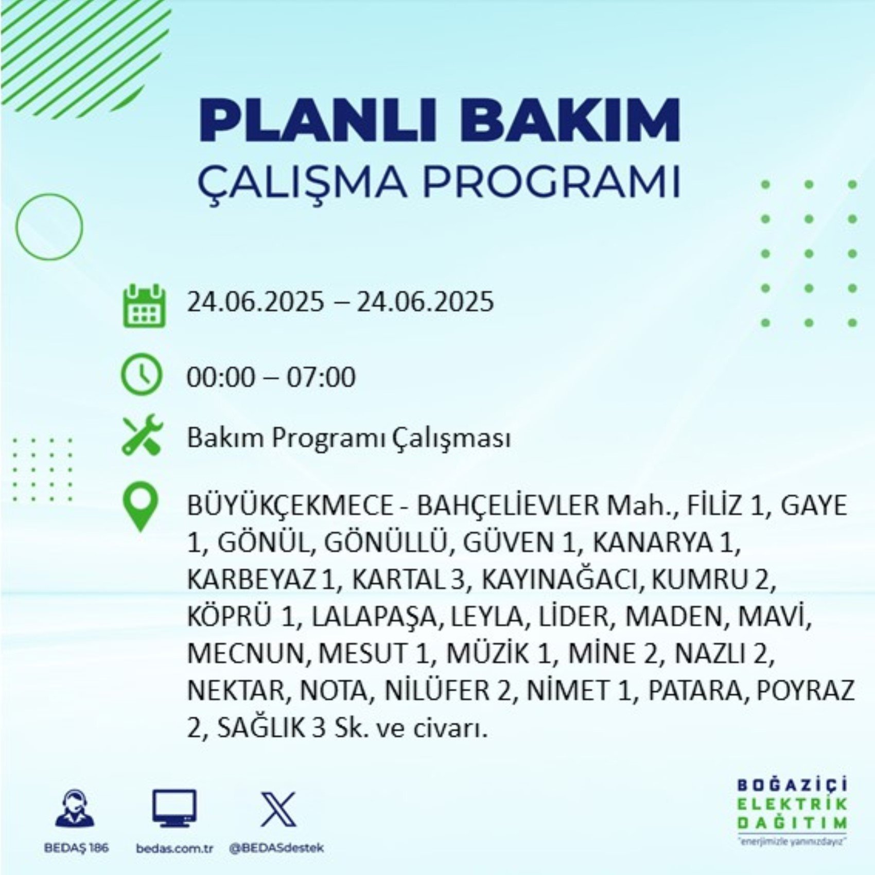 BEDAŞ paylaştı: İstanbul'da 24 Haziran Salı günü elektrik kesintisi yaşanacak ilçeler