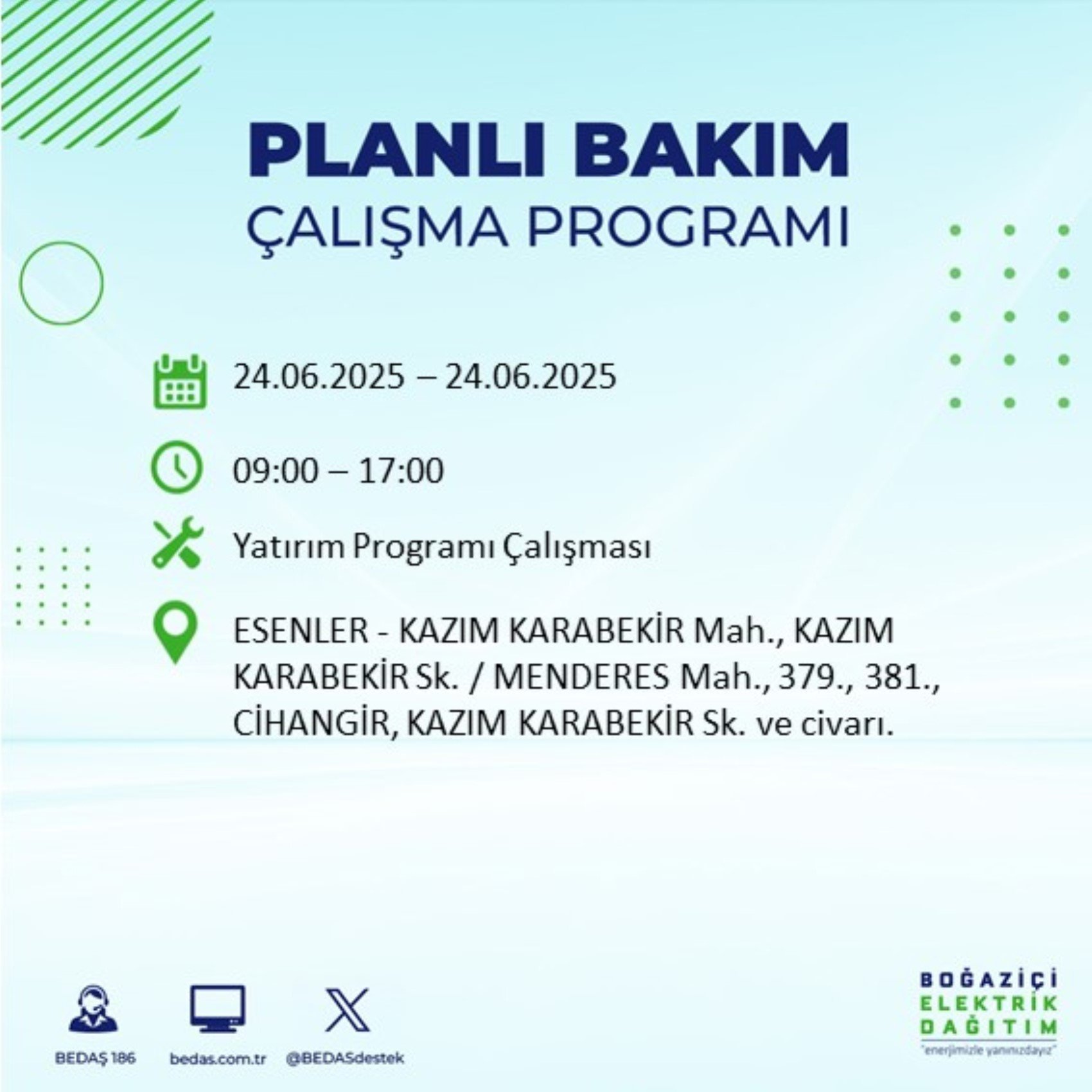 BEDAŞ paylaştı: İstanbul'da 24 Haziran Salı günü elektrik kesintisi yaşanacak ilçeler