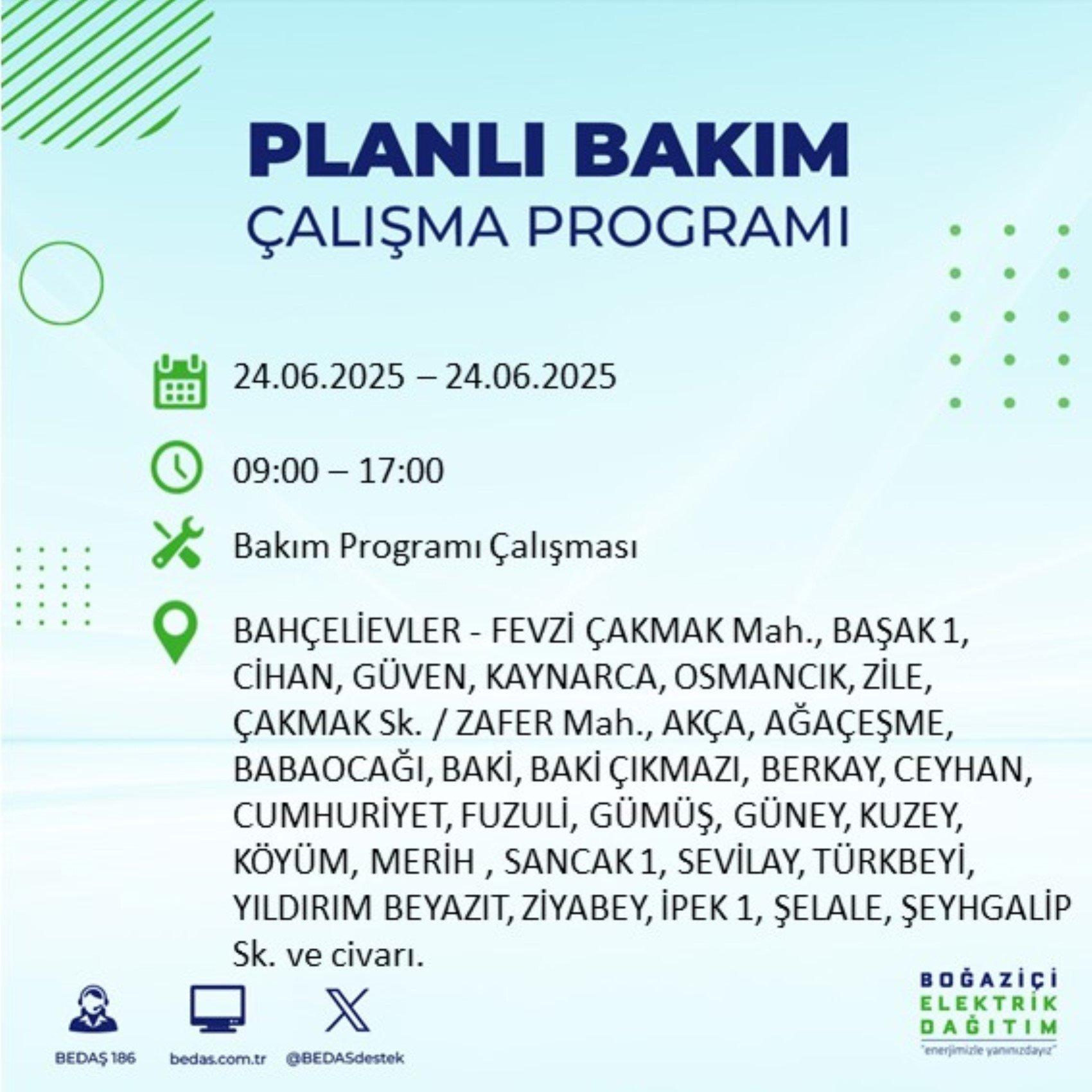 BEDAŞ paylaştı: İstanbul'da 24 Haziran Salı günü elektrik kesintisi yaşanacak ilçeler