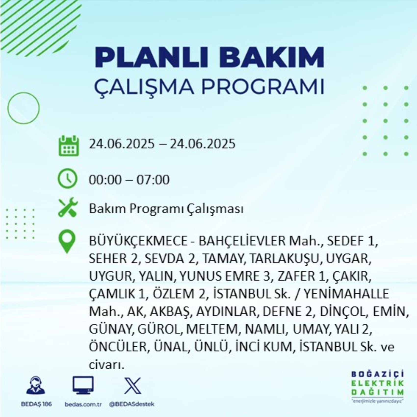 BEDAŞ paylaştı: İstanbul'da 24 Haziran Salı günü elektrik kesintisi yaşanacak ilçeler