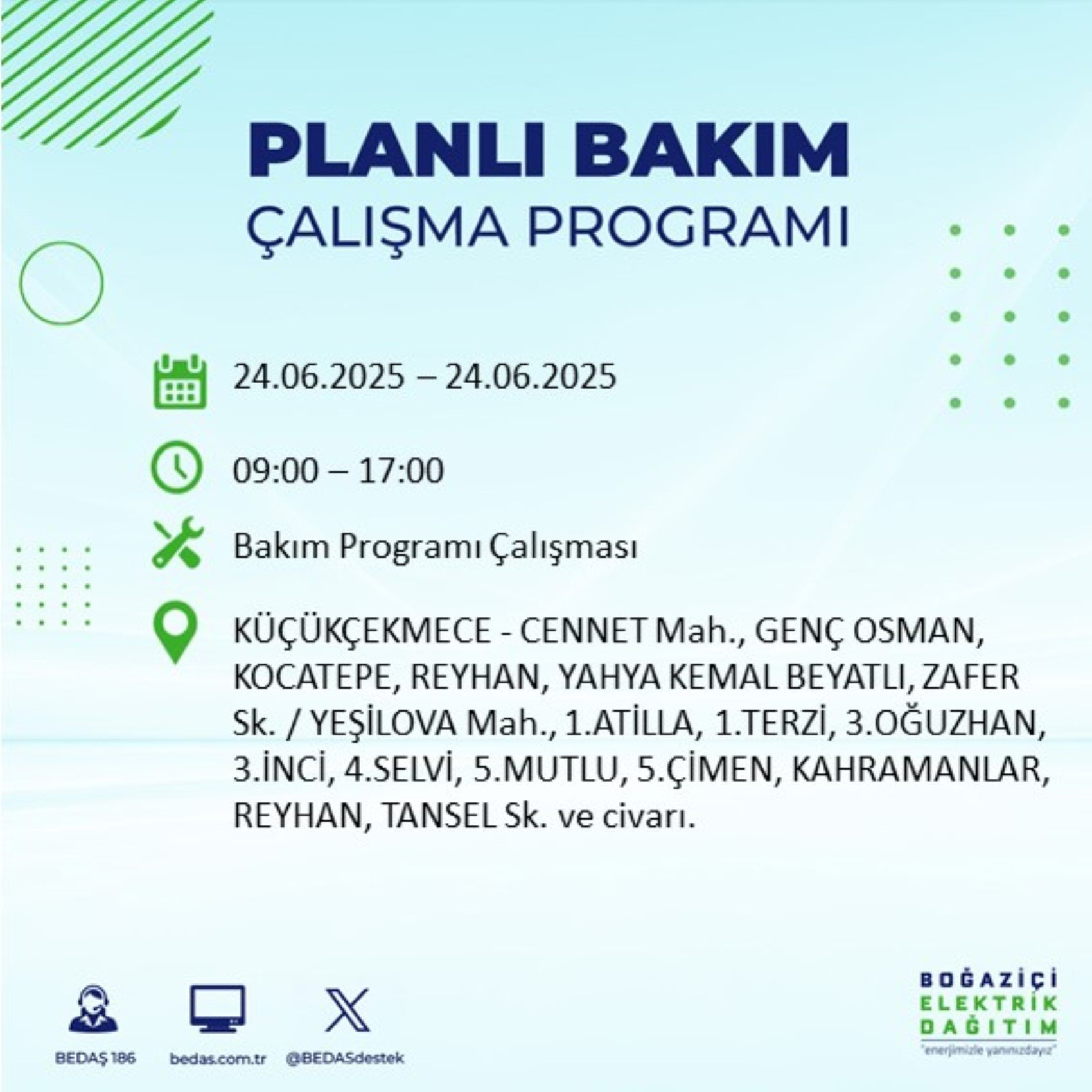 BEDAŞ paylaştı: İstanbul'da 24 Haziran Salı günü elektrik kesintisi yaşanacak ilçeler