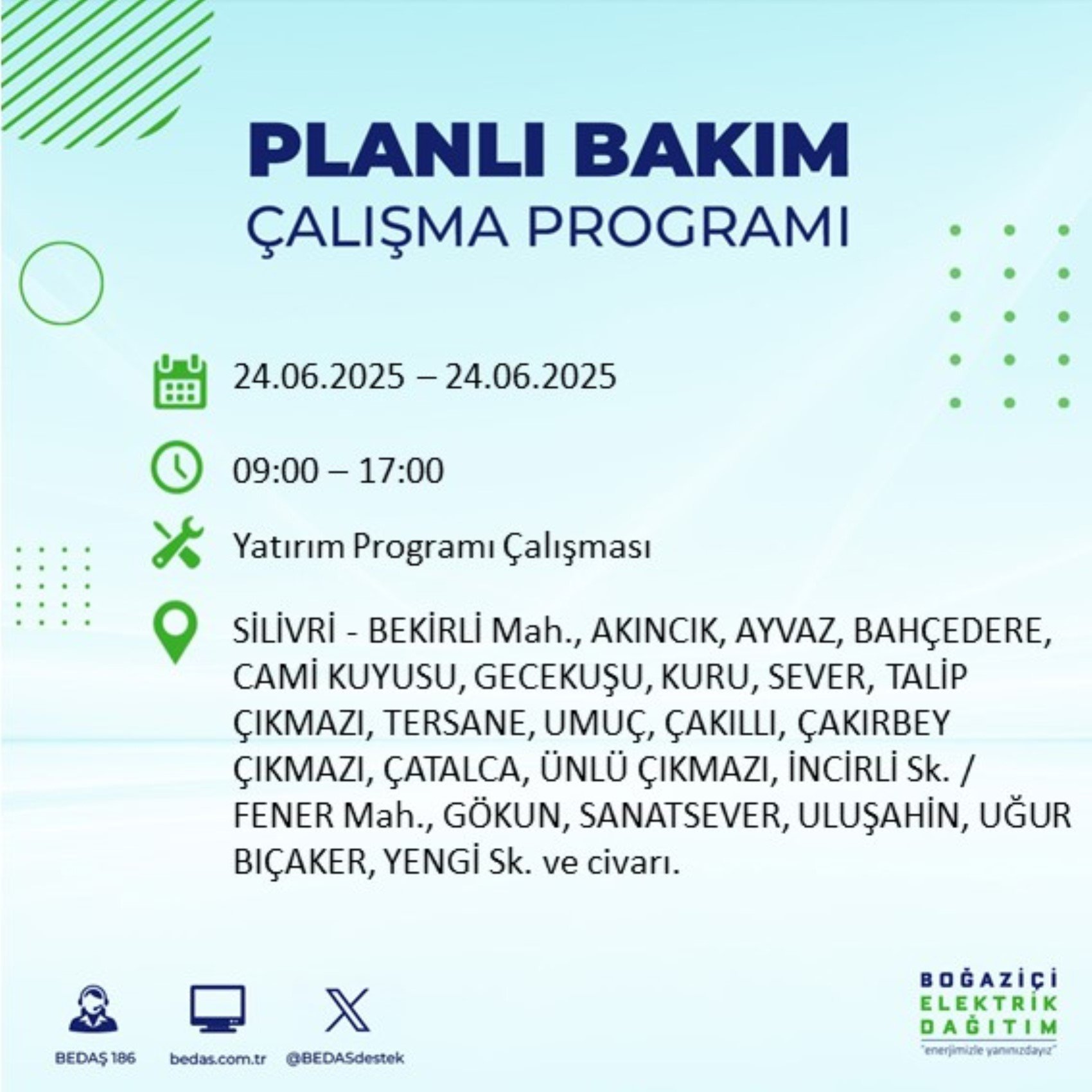 BEDAŞ paylaştı: İstanbul'da 24 Haziran Salı günü elektrik kesintisi yaşanacak ilçeler