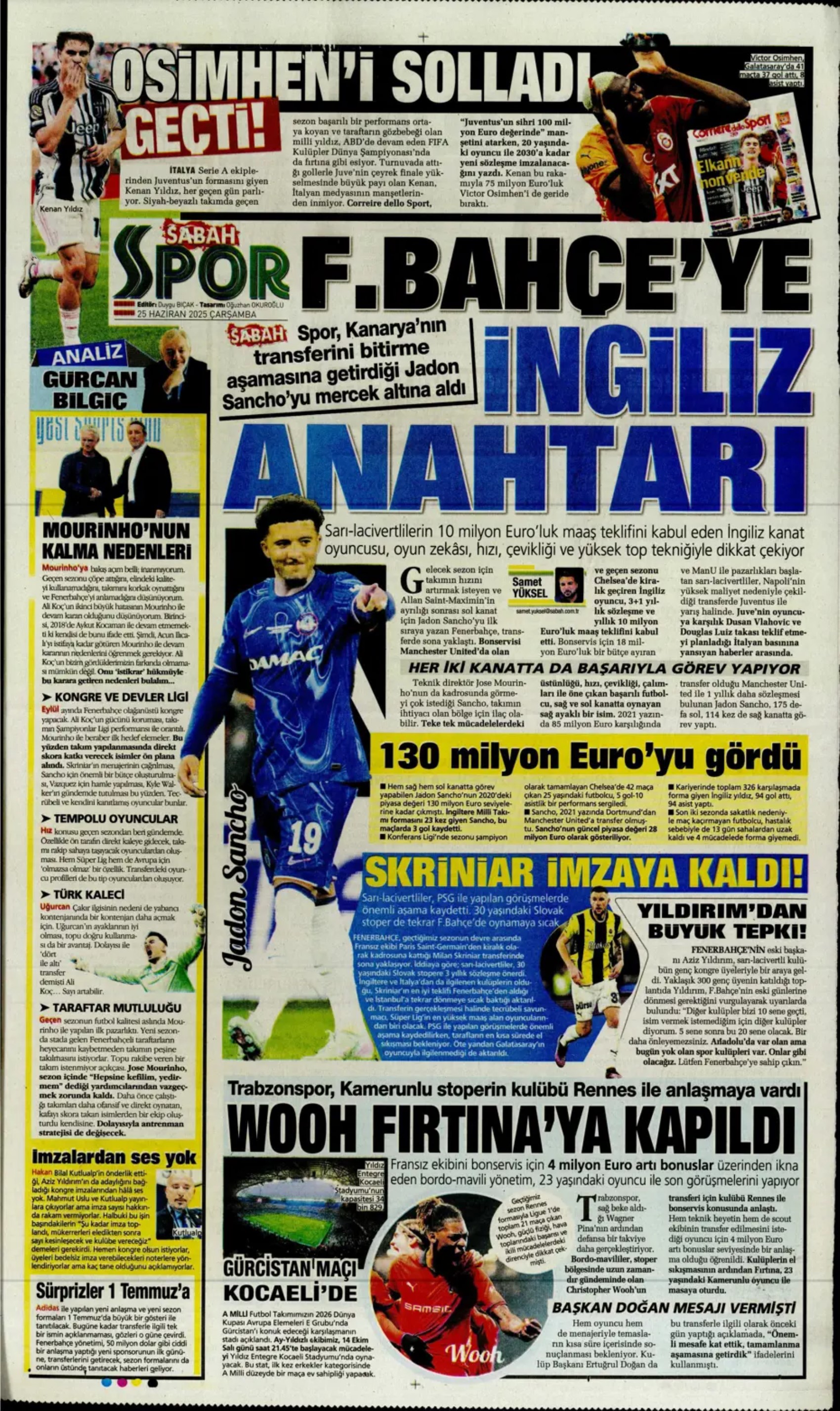 Sporda günün manşetleri: Fenerbahçe'de 1 Temmuz hazırlığı: İngiliz anahtarı Jadon Sancho geliyor