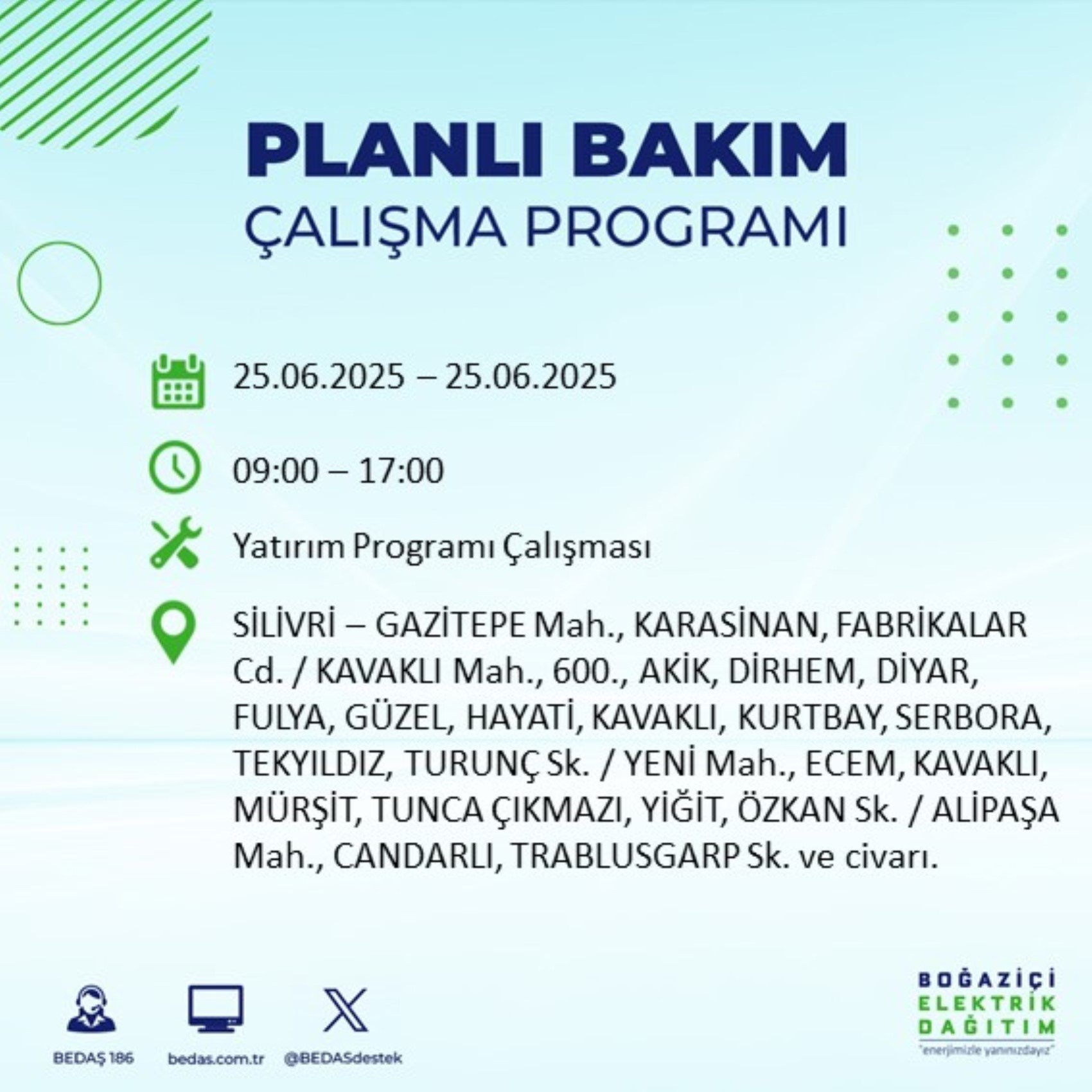 BEDAŞ paylaştı: İstanbul'da 25 Haziran Çarşamba günü elektrik kesintisi yaşanacak ilçeler
