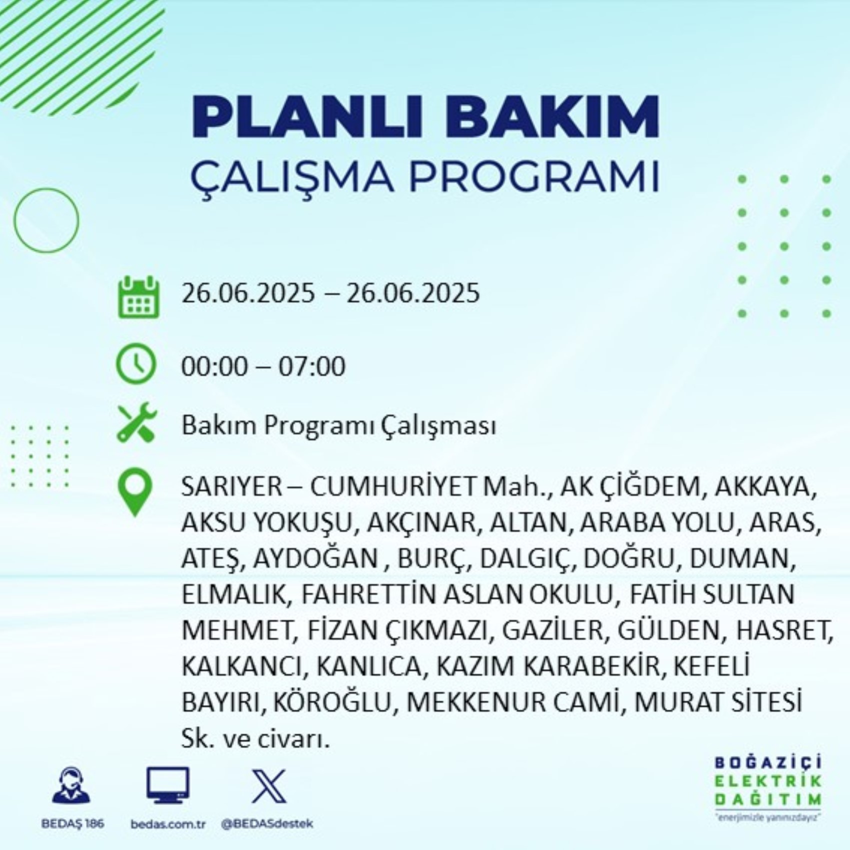 BEDAŞ paylaştı: İstanbul'da 26 Haziran Perşembe günü elektrik kesintisi yaşanacak ilçeler