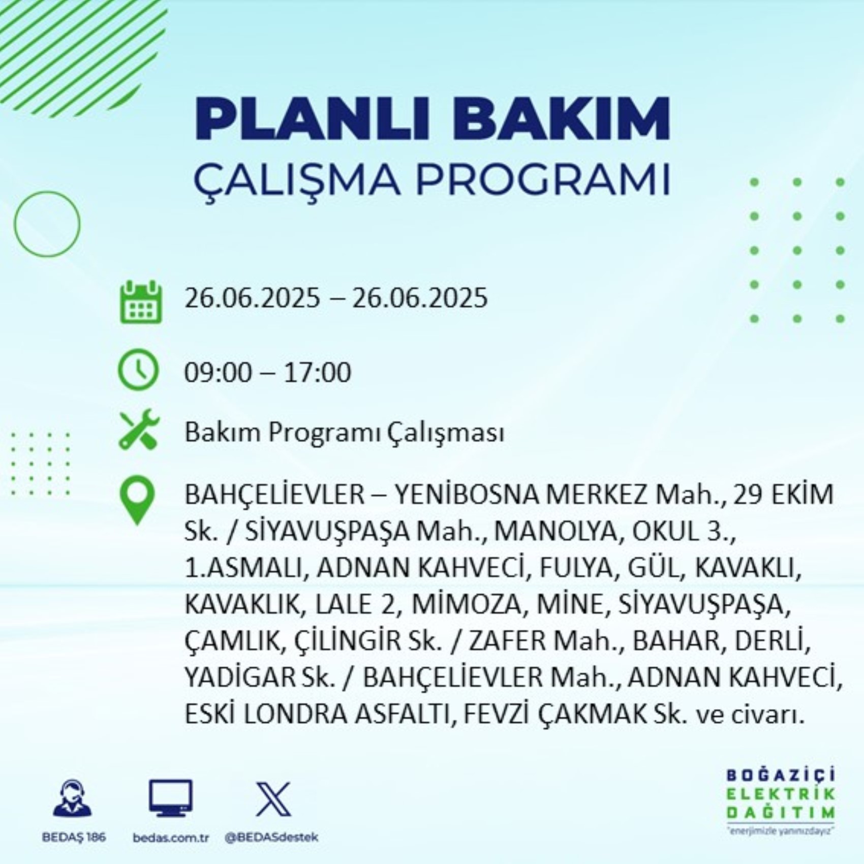 BEDAŞ paylaştı: İstanbul'da 26 Haziran Perşembe günü elektrik kesintisi yaşanacak ilçeler