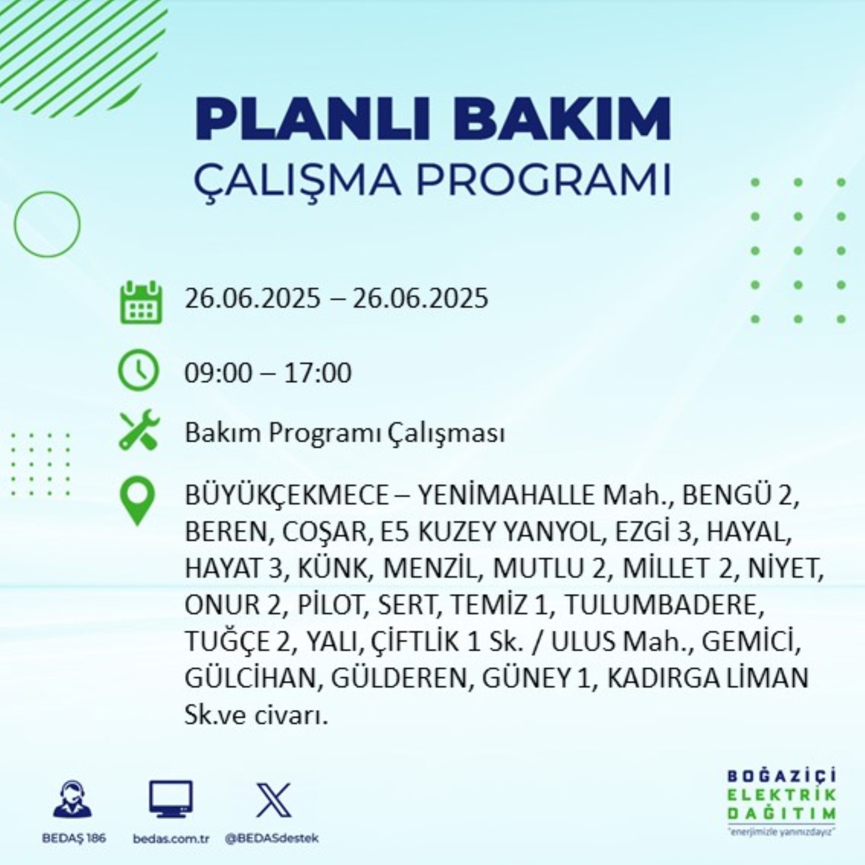 BEDAŞ paylaştı: İstanbul'da 26 Haziran Perşembe günü elektrik kesintisi yaşanacak ilçeler