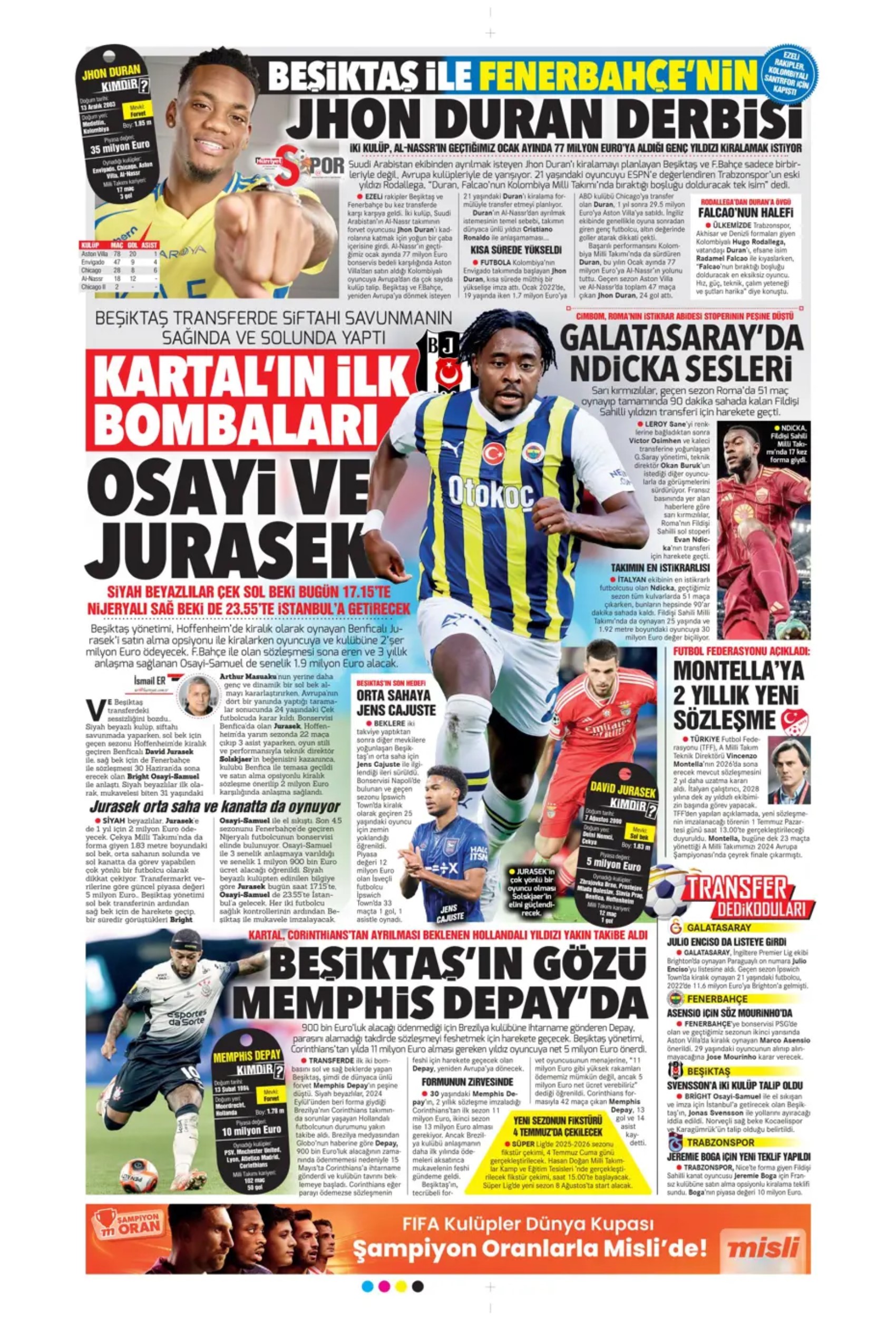 Sporda günün manşetleri... Duran için geri sayım, Osimhen için yeni formül