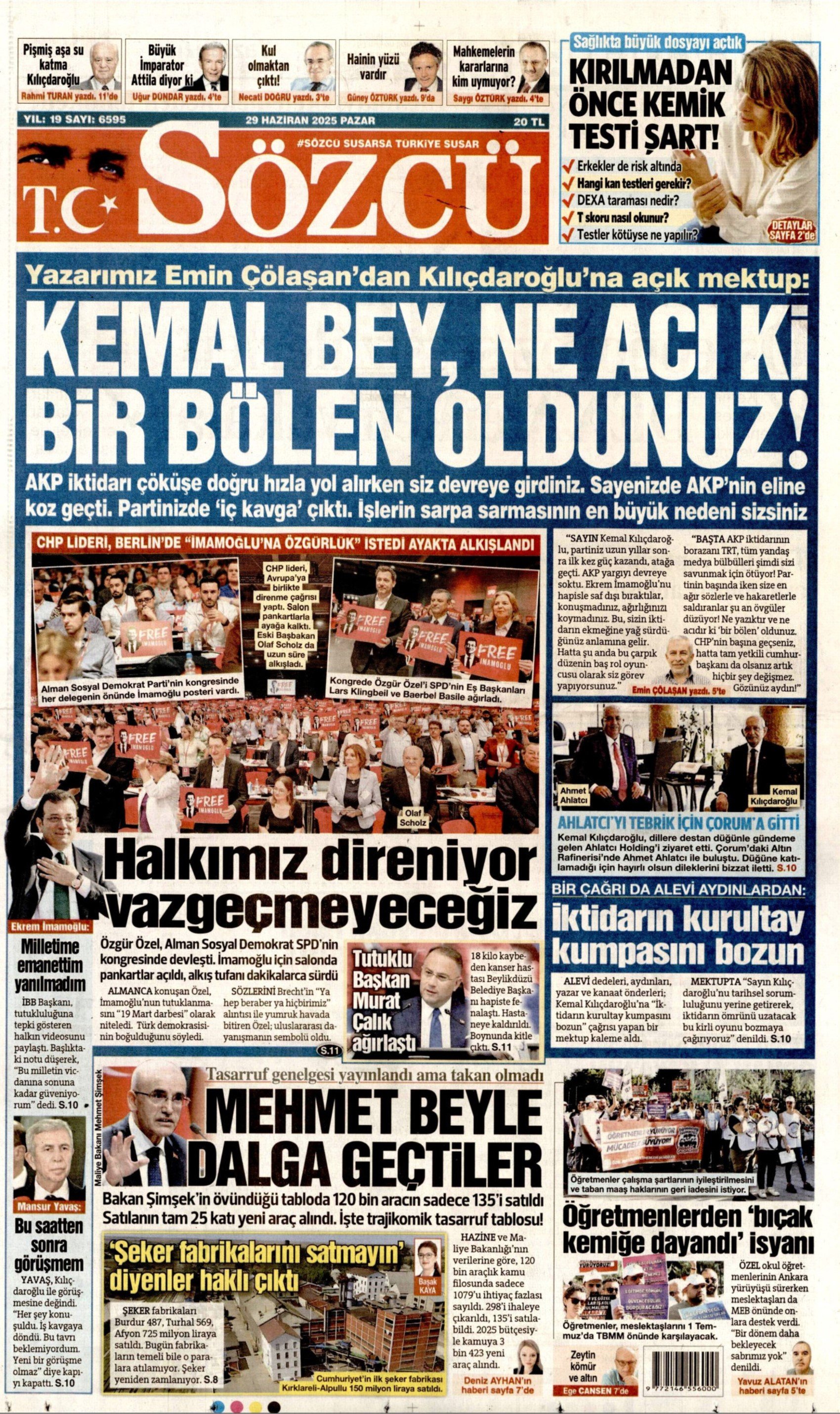 29 Haziran gazete manşetleri: Kemal Kılıçdaroğlu'na yönelik dikkat çeken manşet: 'Bölen oldunuz'
