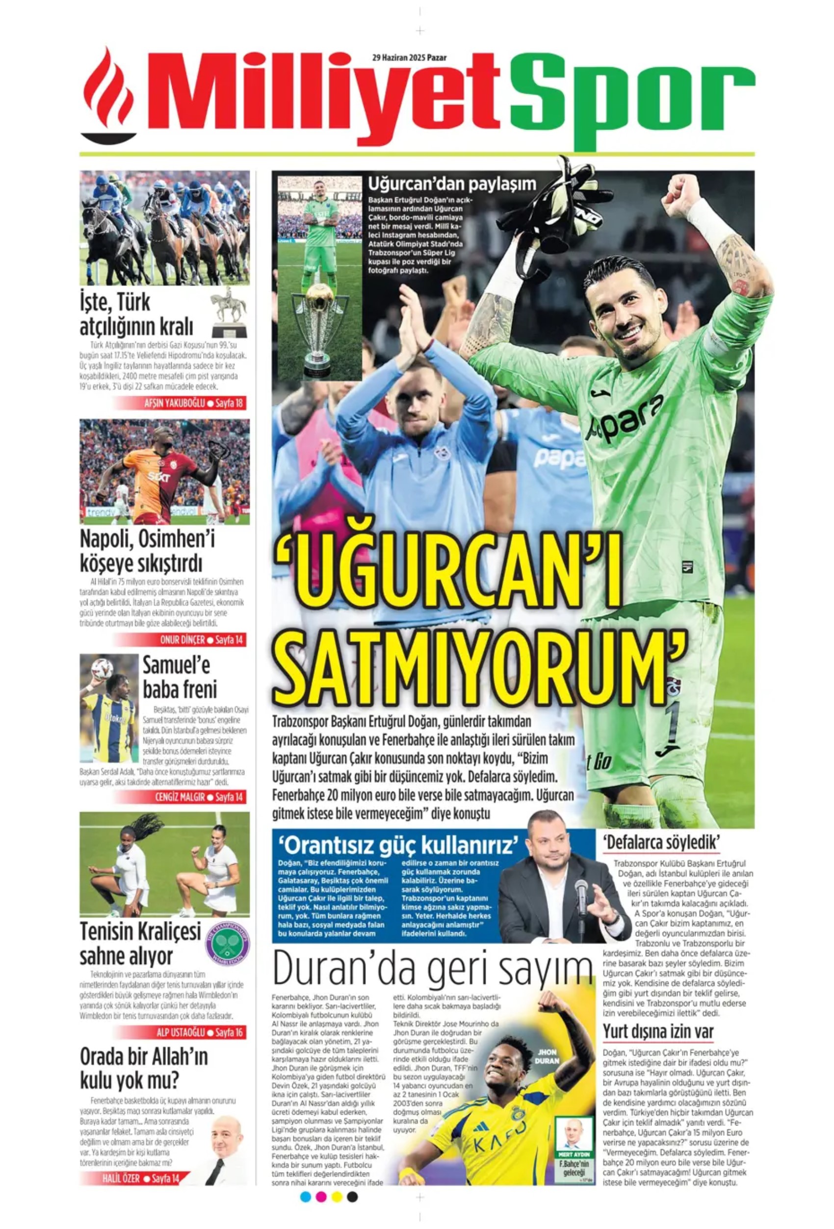 Sporda günün manşetleri... Uğurcan'ın Fenerbahçe'ye transferine veto: Galatasaray Osimhen'in alternatifini buldu!