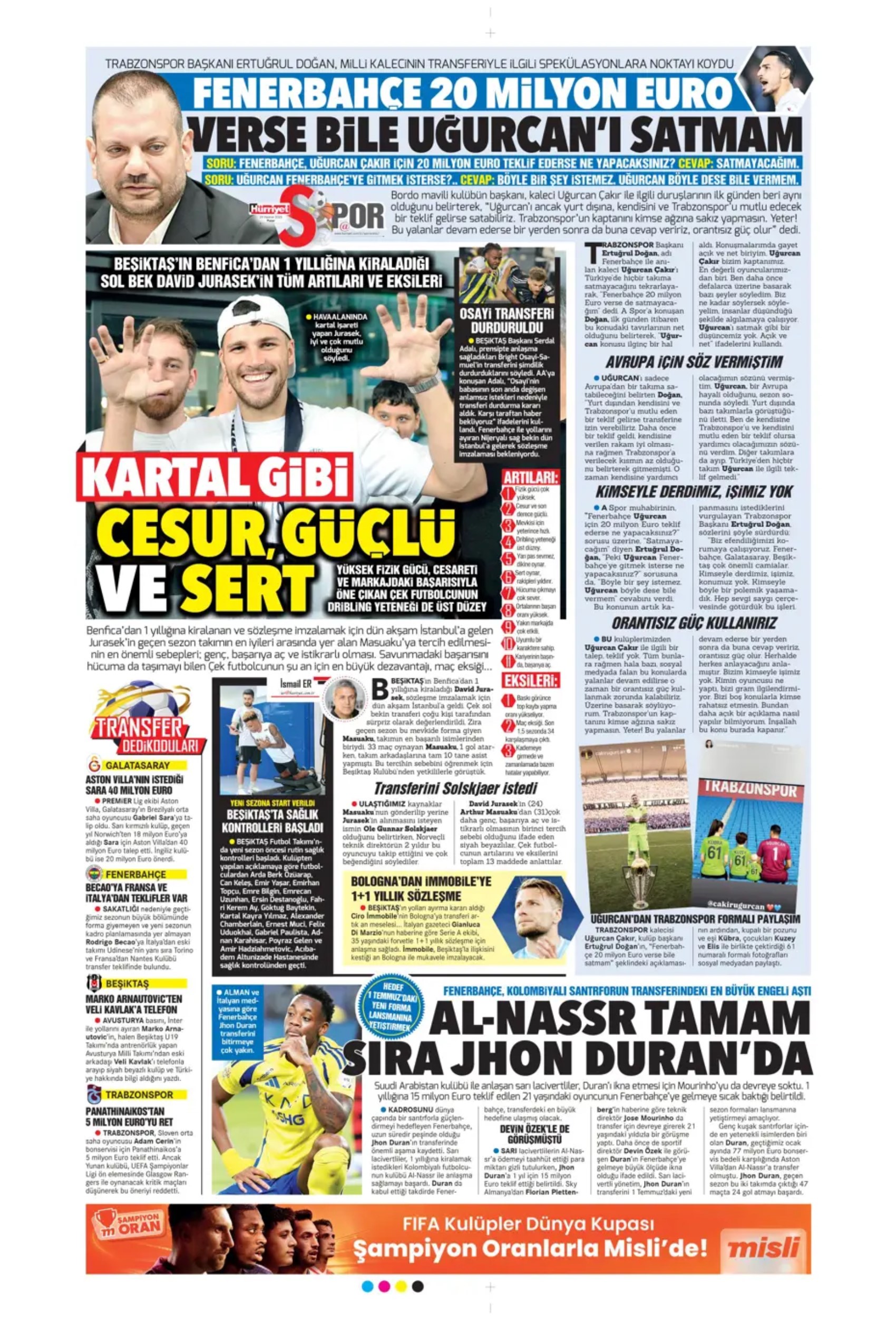 Sporda günün manşetleri... Uğurcan'ın Fenerbahçe'ye transferine veto: Galatasaray Osimhen'in alternatifini buldu!