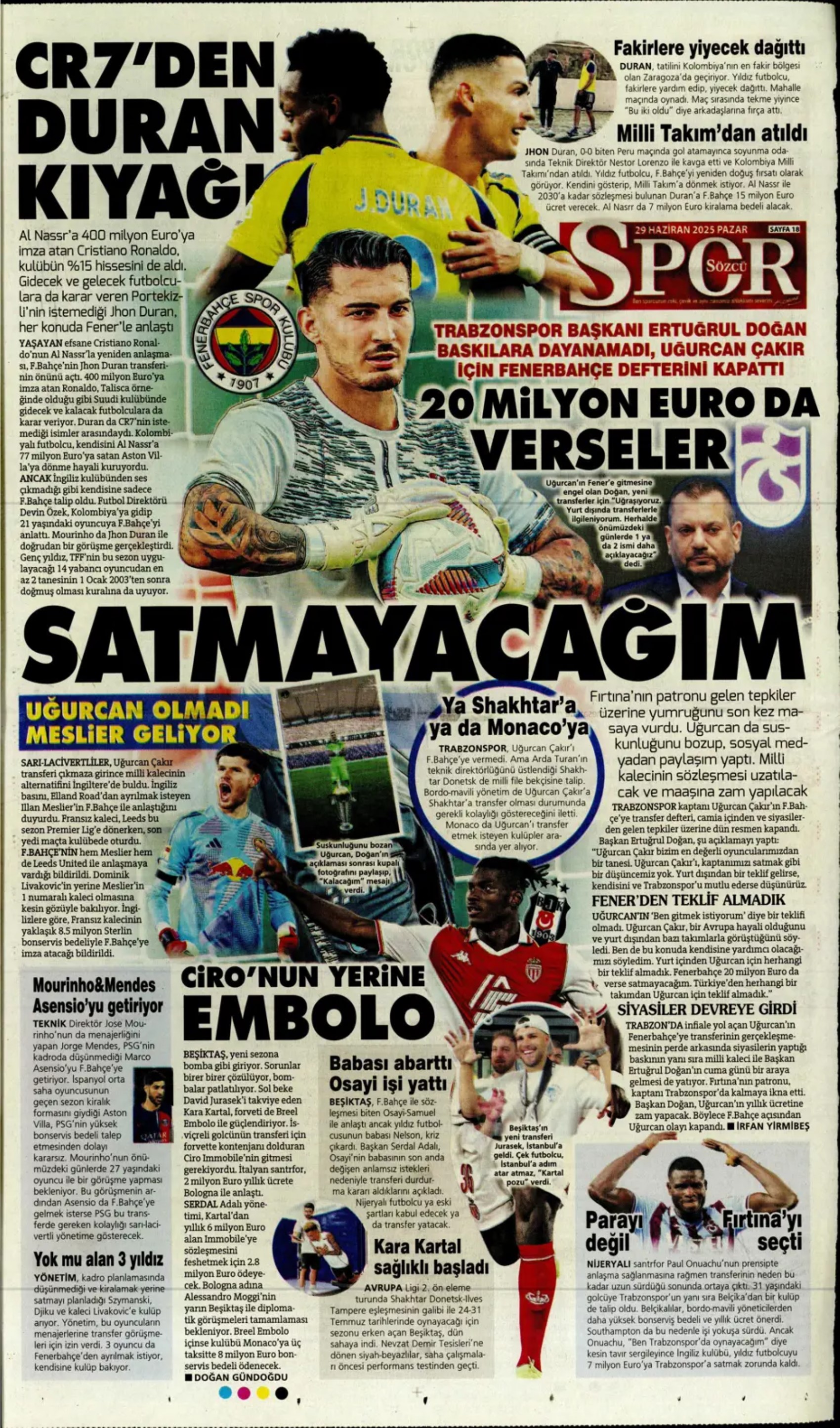 Sporda günün manşetleri... Uğurcan'ın Fenerbahçe'ye transferine veto: Galatasaray Osimhen'in alternatifini buldu!