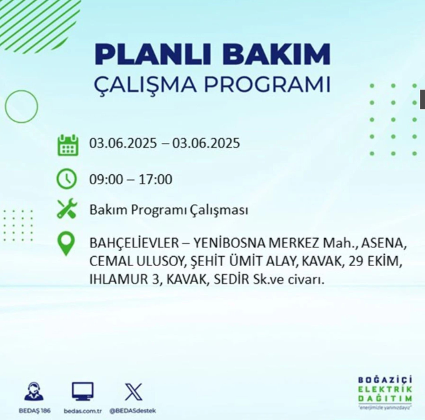 BEDAŞ paylaştı: İstanbul'da 3 Haziran Salı günü elektrik kesintisi yaşanacak ilçeler