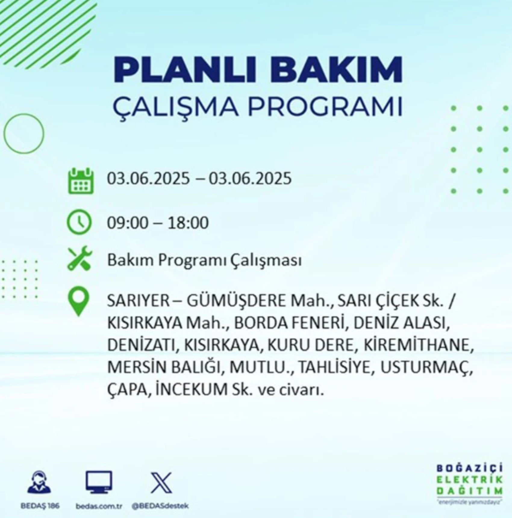 BEDAŞ paylaştı: İstanbul'da 3 Haziran Salı günü elektrik kesintisi yaşanacak ilçeler