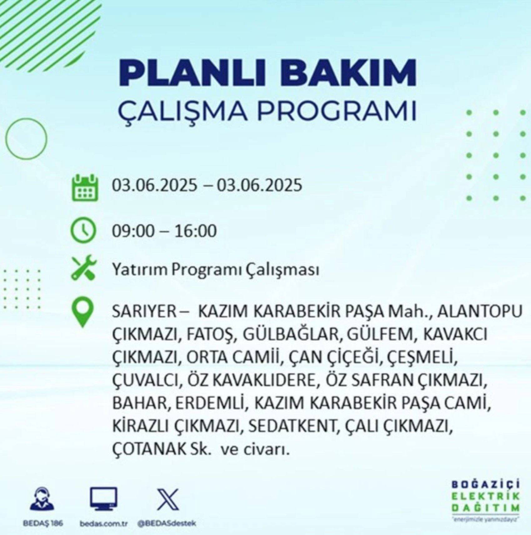 BEDAŞ paylaştı: İstanbul'da 3 Haziran Salı günü elektrik kesintisi yaşanacak ilçeler