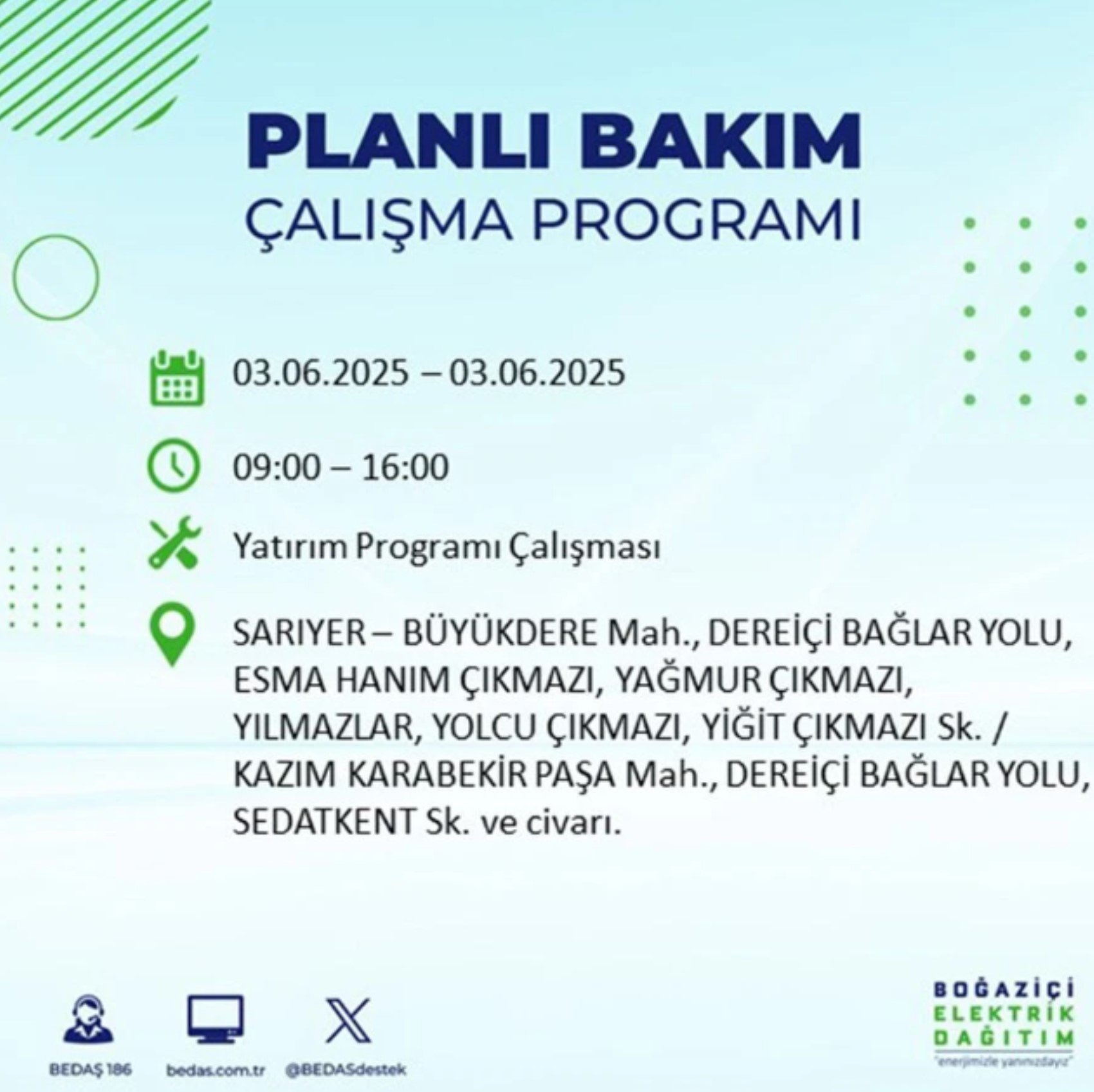 BEDAŞ paylaştı: İstanbul'da 3 Haziran Salı günü elektrik kesintisi yaşanacak ilçeler