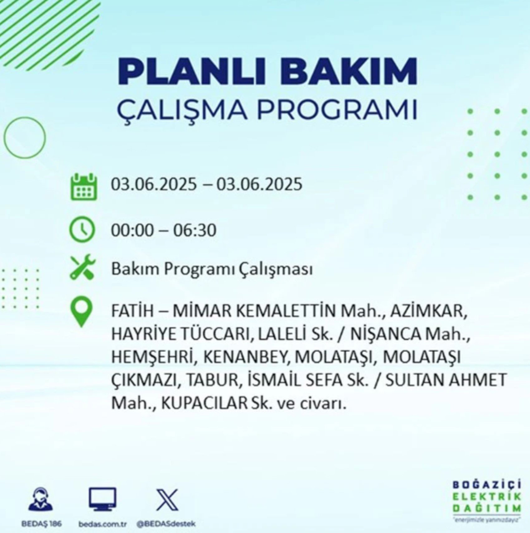 BEDAŞ paylaştı: İstanbul'da 3 Haziran Salı günü elektrik kesintisi yaşanacak ilçeler