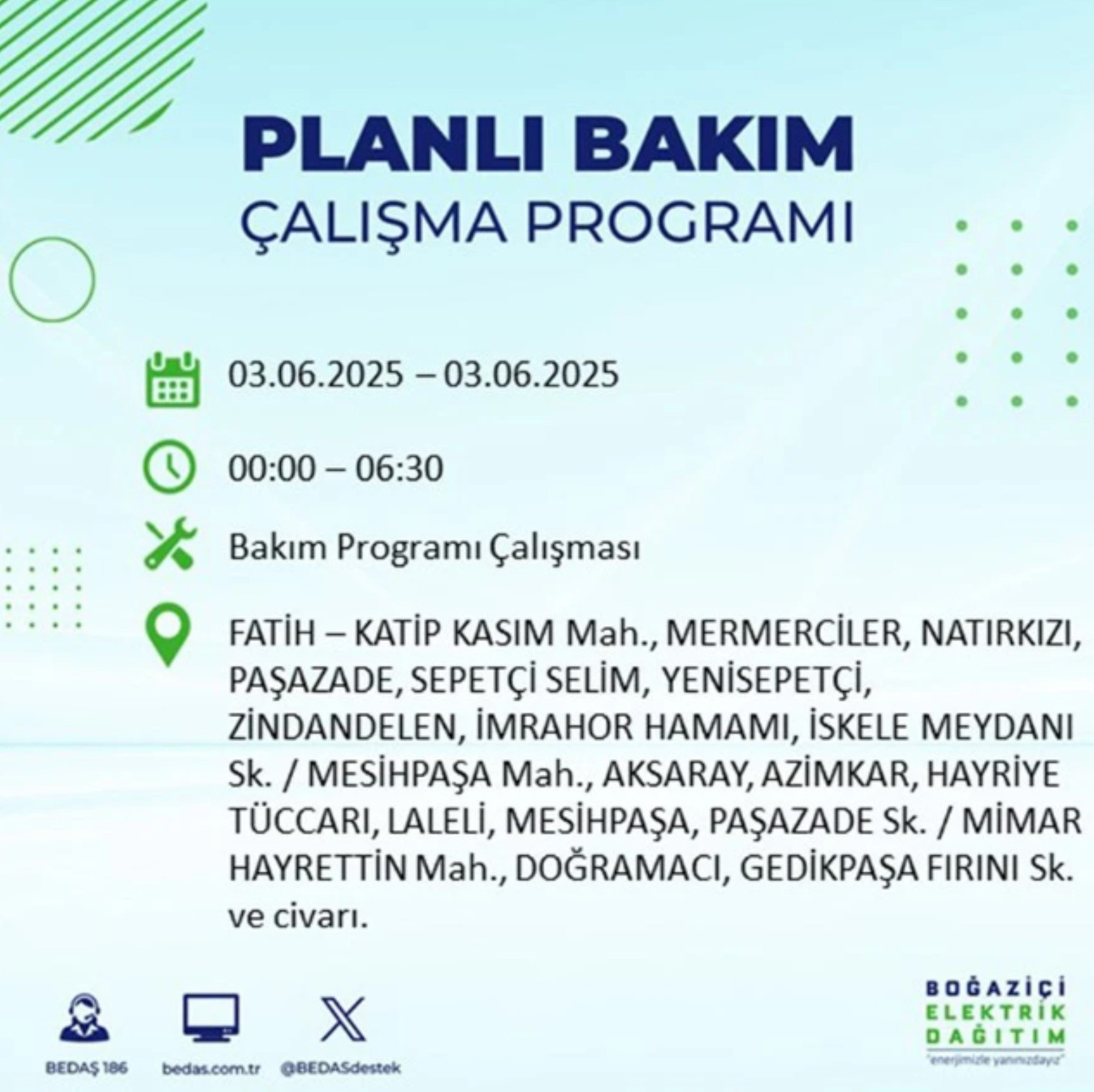 BEDAŞ paylaştı: İstanbul'da 3 Haziran Salı günü elektrik kesintisi yaşanacak ilçeler