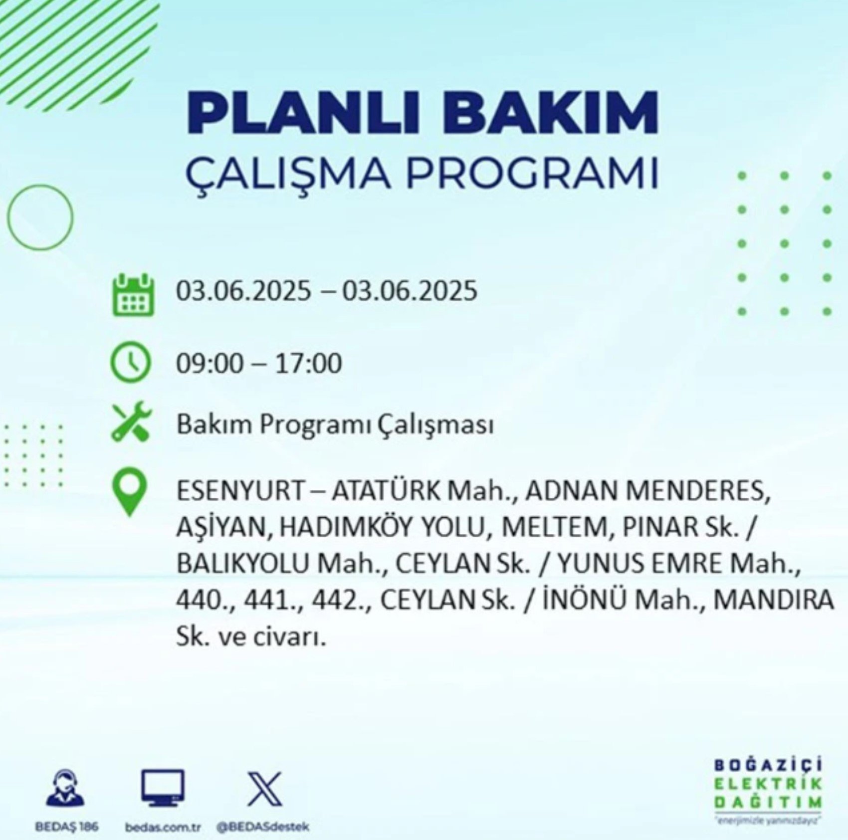 BEDAŞ paylaştı: İstanbul'da 3 Haziran Salı günü elektrik kesintisi yaşanacak ilçeler