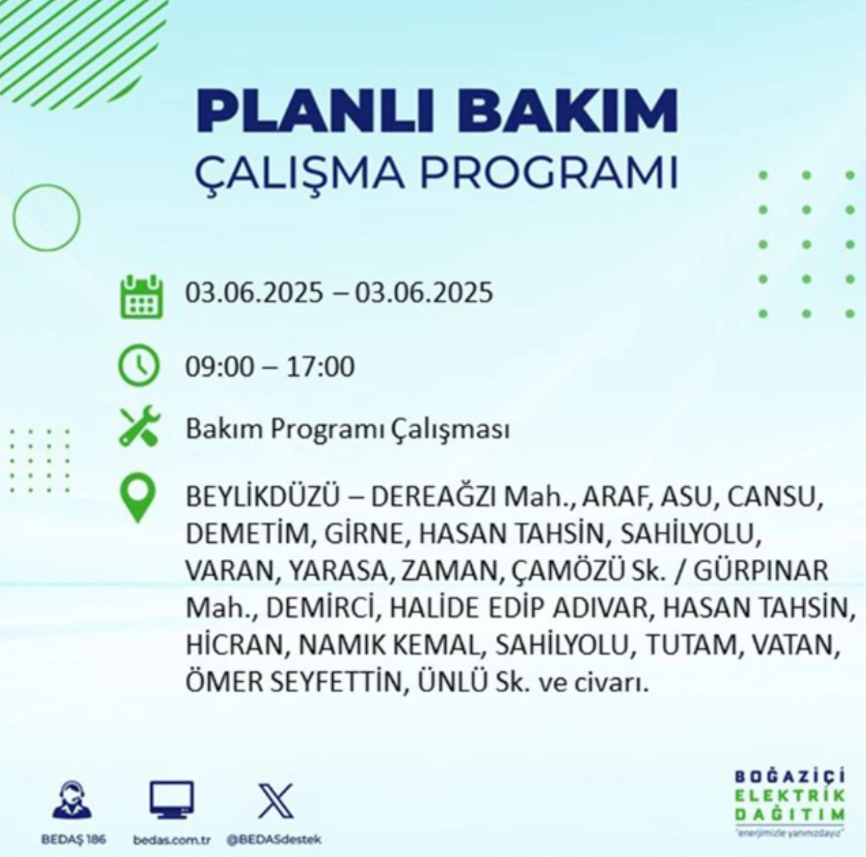 BEDAŞ paylaştı: İstanbul'da 3 Haziran Salı günü elektrik kesintisi yaşanacak ilçeler